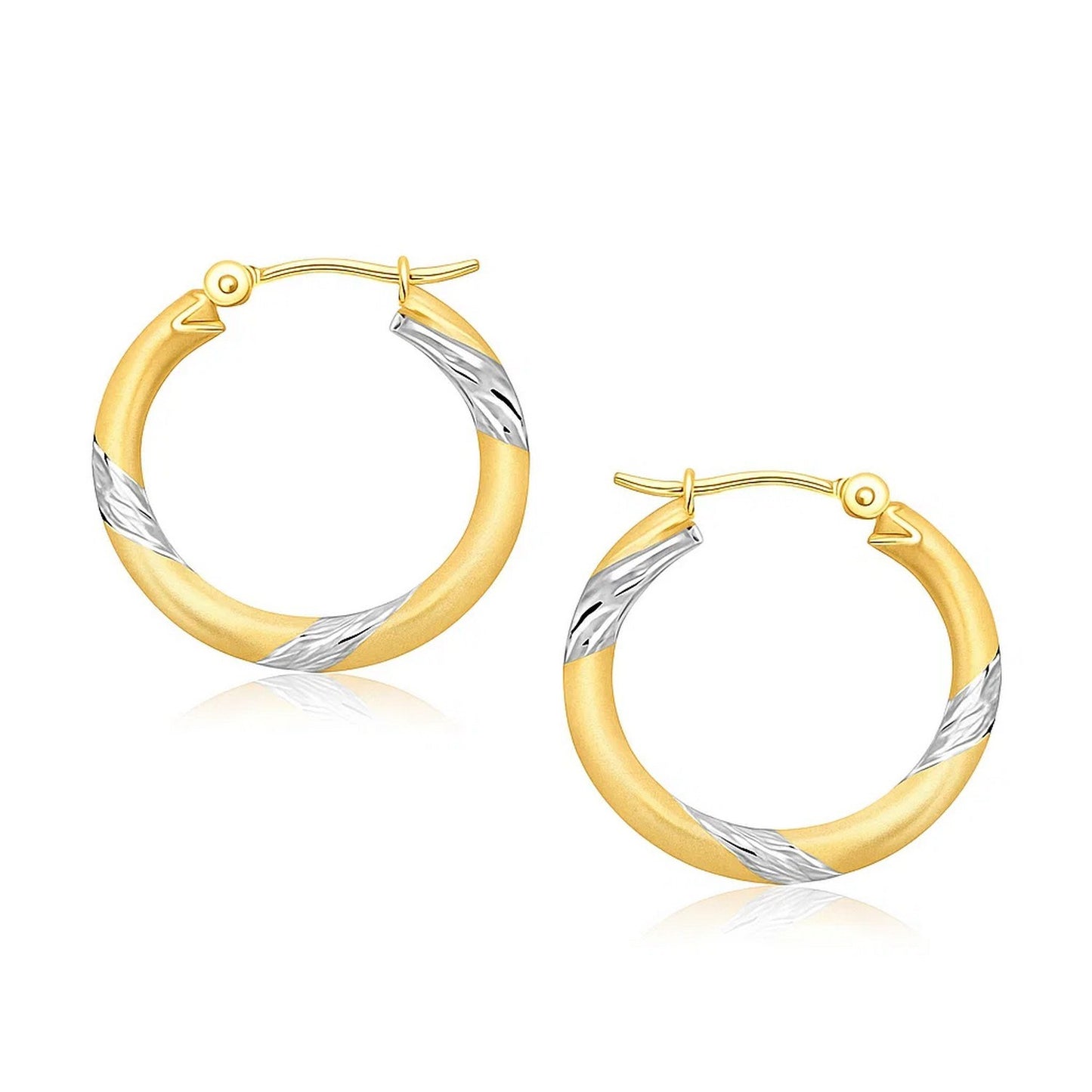14k Two Tone Gold Polished Hoop Earrings (3x20mm) in a sleek high-contrast midnight luxury editorial style