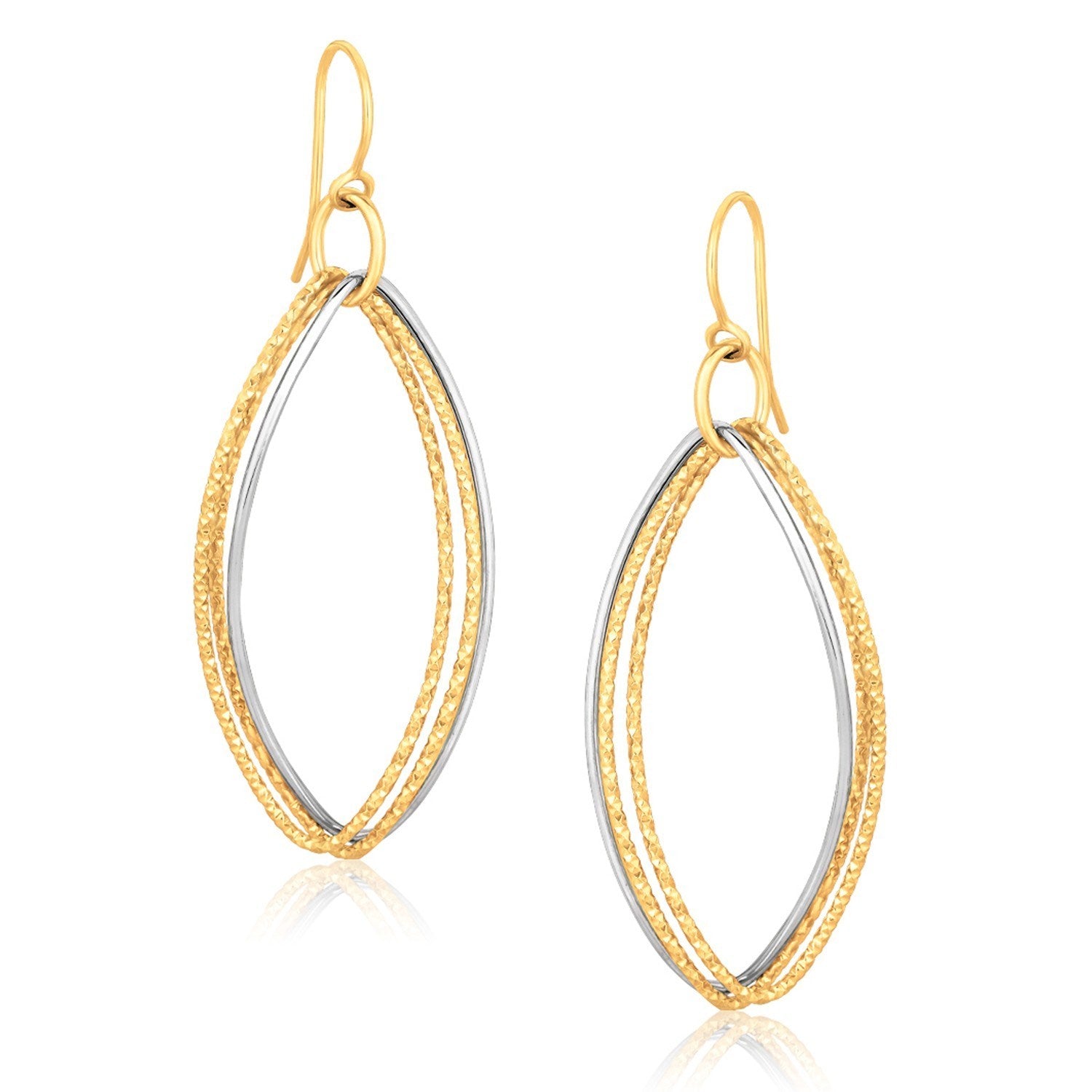 14k Two Tone Gold Textured Triple Oval Shape Drop Earrings in a sleek high-contrast midnight luxury editorial style