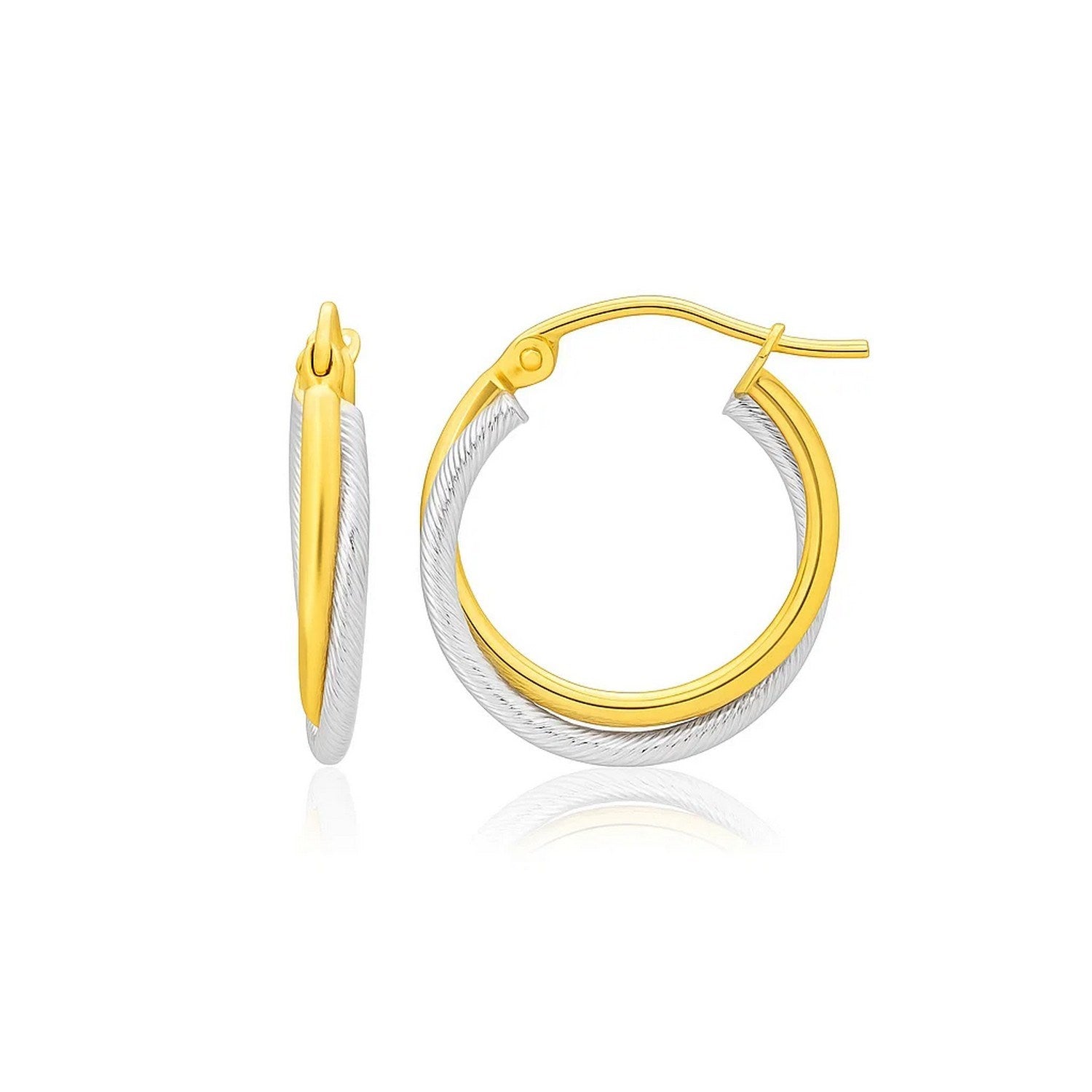 14k Two Tone Gold Double Polished and Textured Hoop Earrings in a sleek high-contrast midnight luxury editorial style