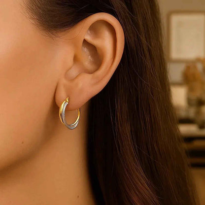 14k Two Tone Gold Double Polished and Textured Hoop Earrings
