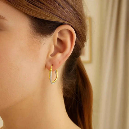 14k Two Tone Gold Double Polished and Textured Hoop Earrings