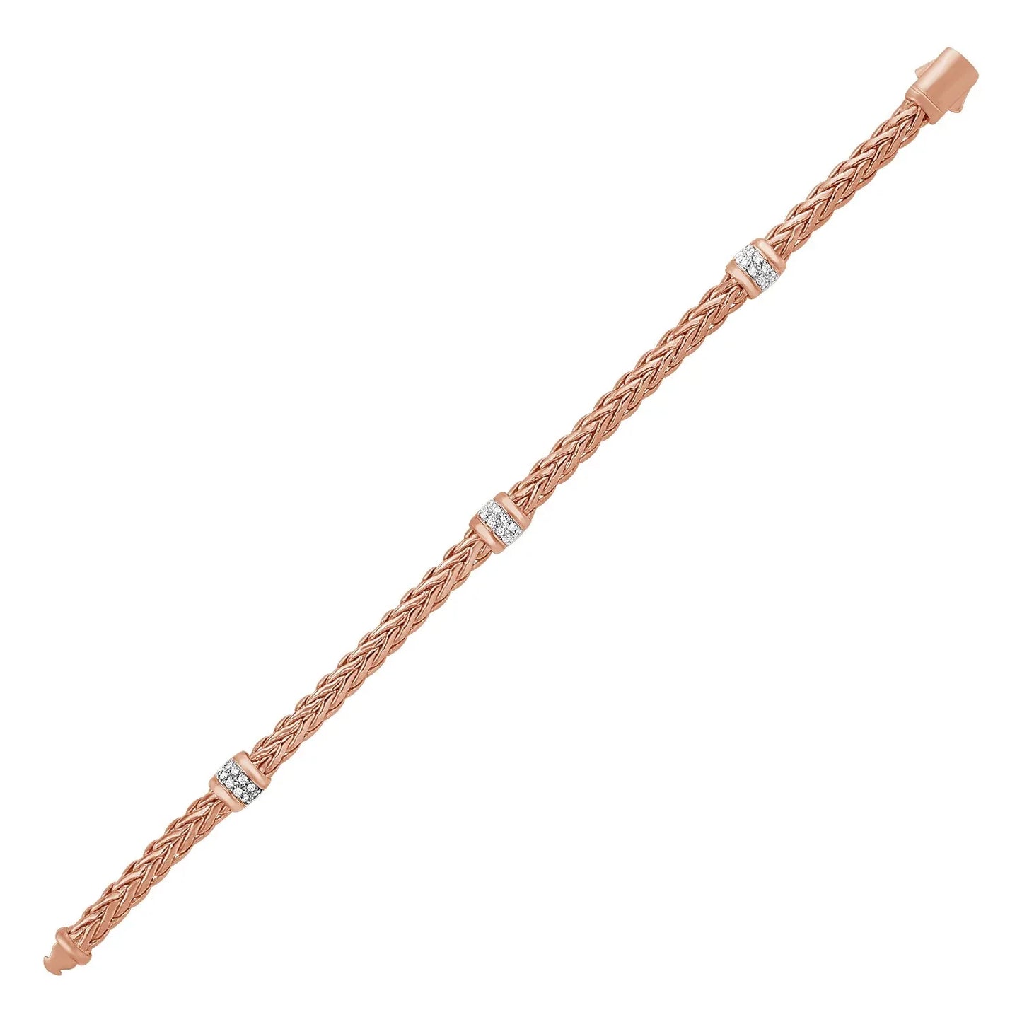 Polished Woven Rope Bracelet with Diamond Accents in 14k Rose Gold - Peelerie