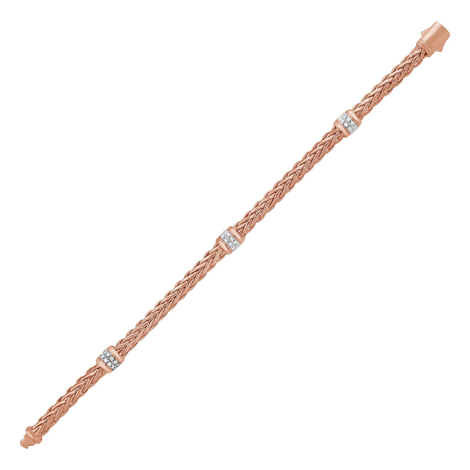 Polished Woven Rope Bracelet with Diamond Accents in 14k Rose Gold in a sleek high-contrast midnight luxury editorial style