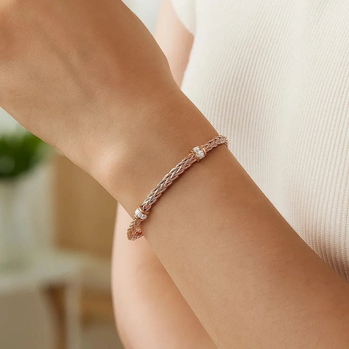 Polished Woven Rope Bracelet with Diamond Accents in 14k Rose Gold - Peelerie