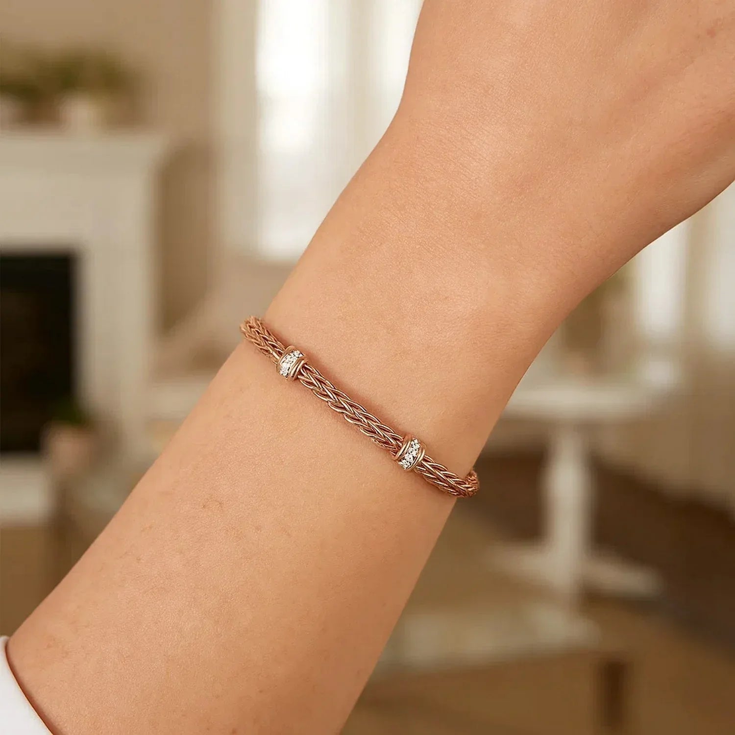 Polished Woven Rope Bracelet with Diamond Accents in 14k Rose Gold - Peelerie