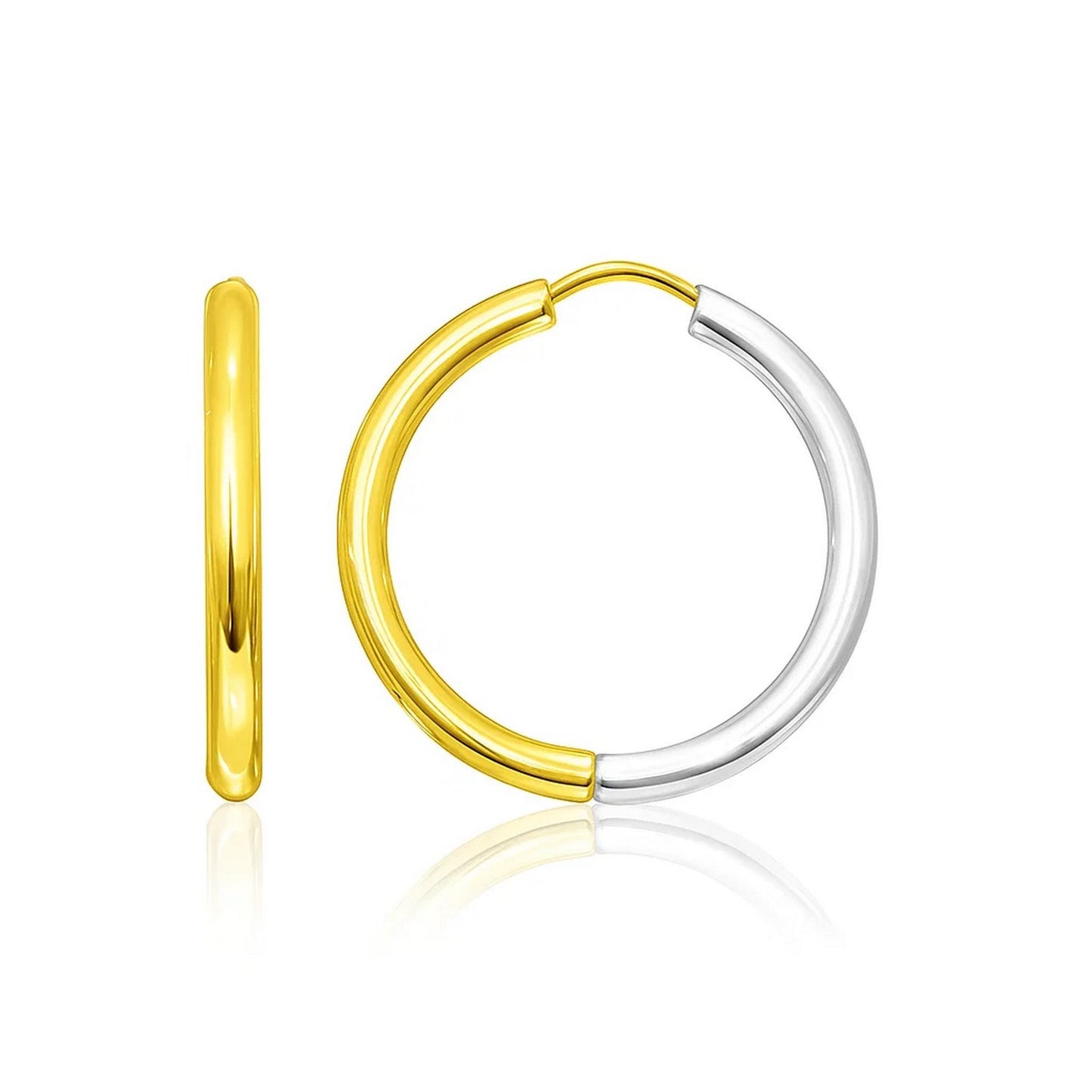 14k Two-Tone Gold Hoop Earrings in a Hinged Style(2.5x20mm) in a sleek high-contrast midnight luxury editorial style