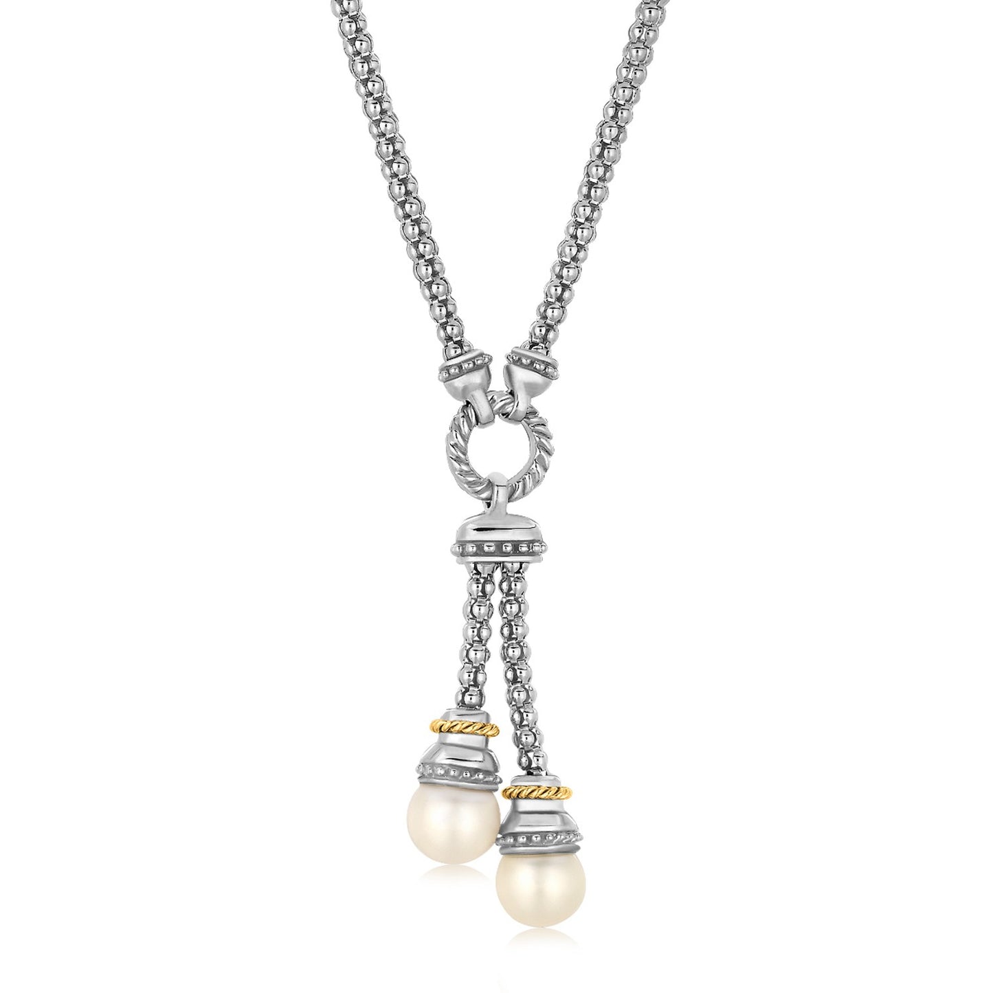 18k Yellow Gold and Sterling Silver Popcorn Style Necklace with Pearl Accents in a sleek high-contrast midnight luxury editor