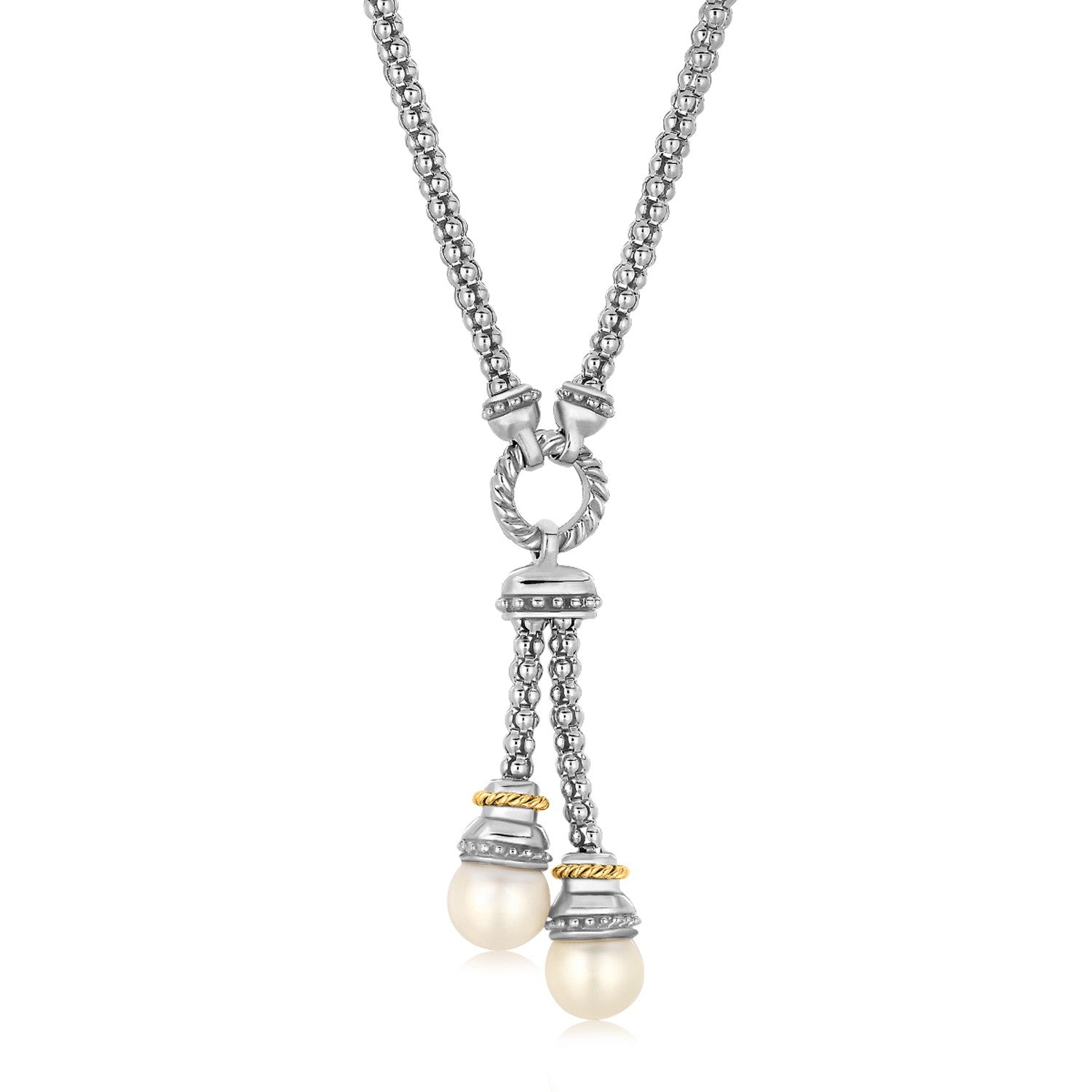 18k Yellow Gold and Sterling Silver Popcorn Style Necklace with Pearl Accents in a sleek high-contrast midnight luxury editor