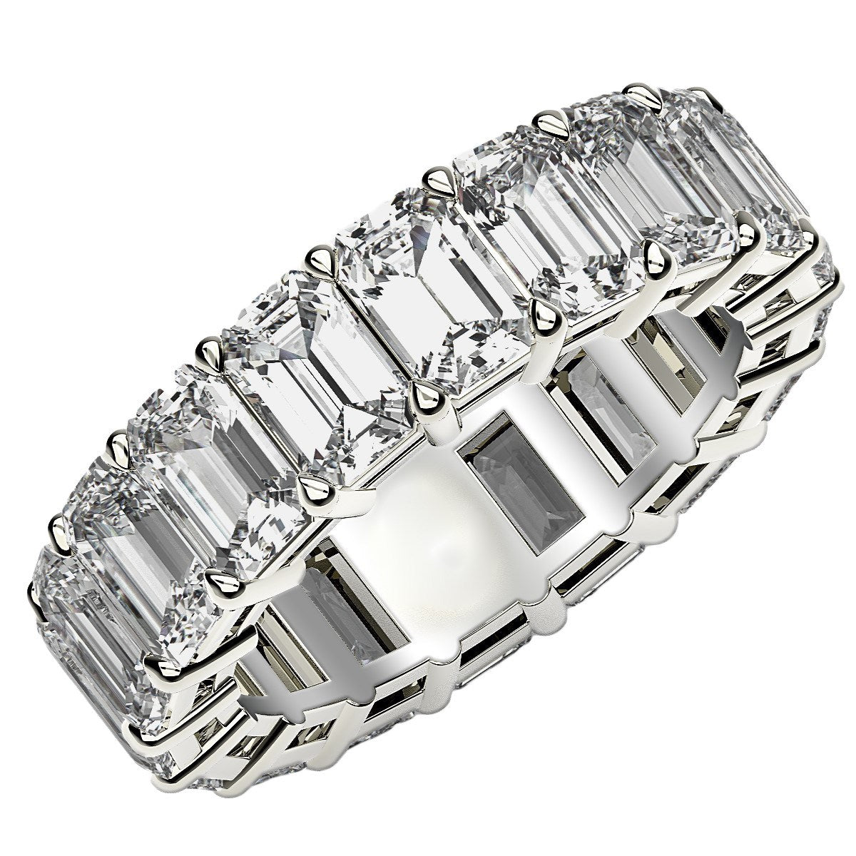 Emerald Cut Lab Grown Diamond Eternity Ring in 14k White Gold (8 cttw FG/VS2) in a sleek high-contrast midnight luxury editor