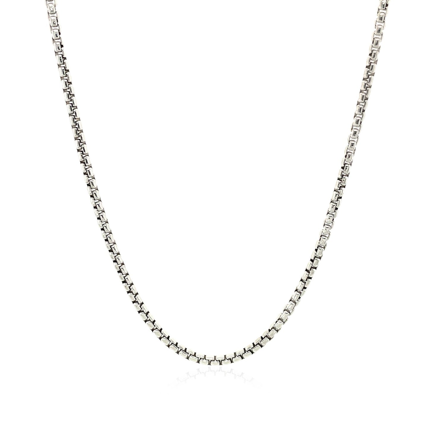 14k White Gold Round Box Chain (1.8 mm) in a sleek high-contrast midnight luxury editorial style