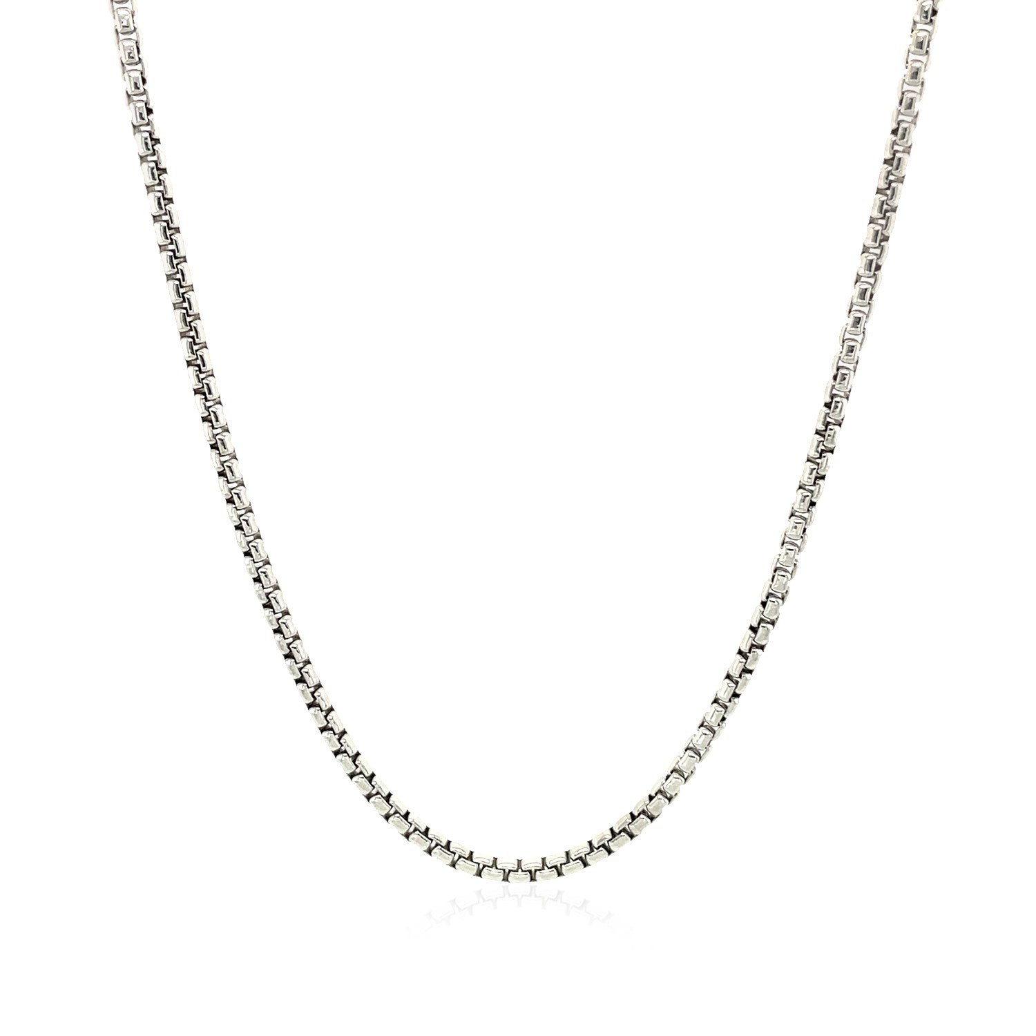 14k White Gold Round Box Chain (1.8 mm) in a sleek high-contrast midnight luxury editorial style