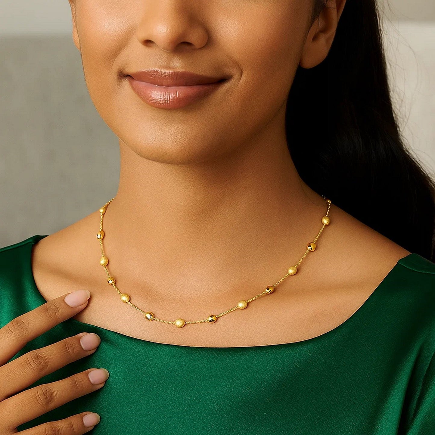 14k Yellow Gold Necklace with Polished and Textured Pebble Stations