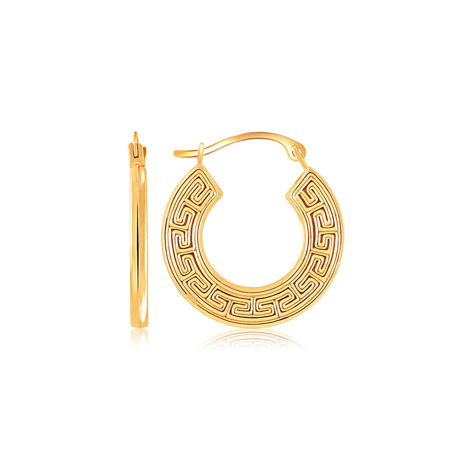 10k Yellow Gold Greek Key Small Hoop Earrings in a sleek high-contrast midnight luxury editorial style