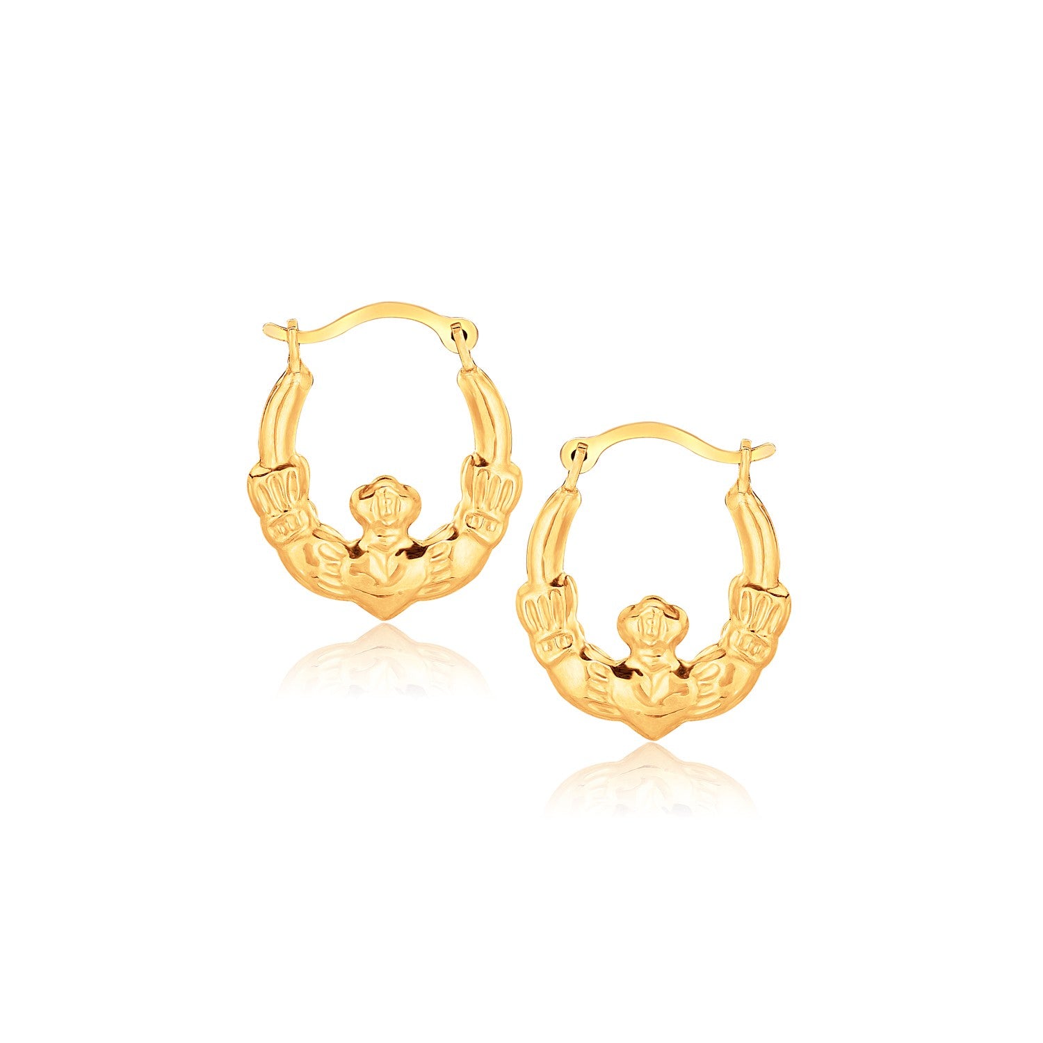 10k Yellow Gold Claddagh Hoop Earrings in a sleek high-contrast midnight luxury editorial style