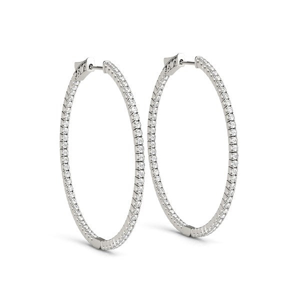 14k White Gold Slim Two Sided Diamond Hoop Earrings (1 1/2 cttw) in a sleek high-contrast midnight luxury editorial style