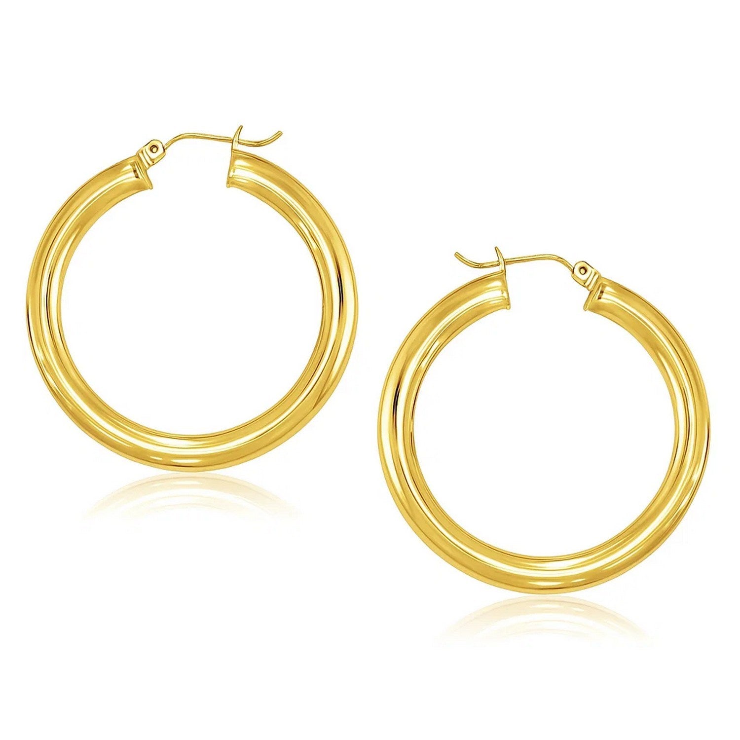 14k Yellow Gold Polished Hoop Earrings (5x40mm) in a sleek high-contrast midnight luxury editorial style