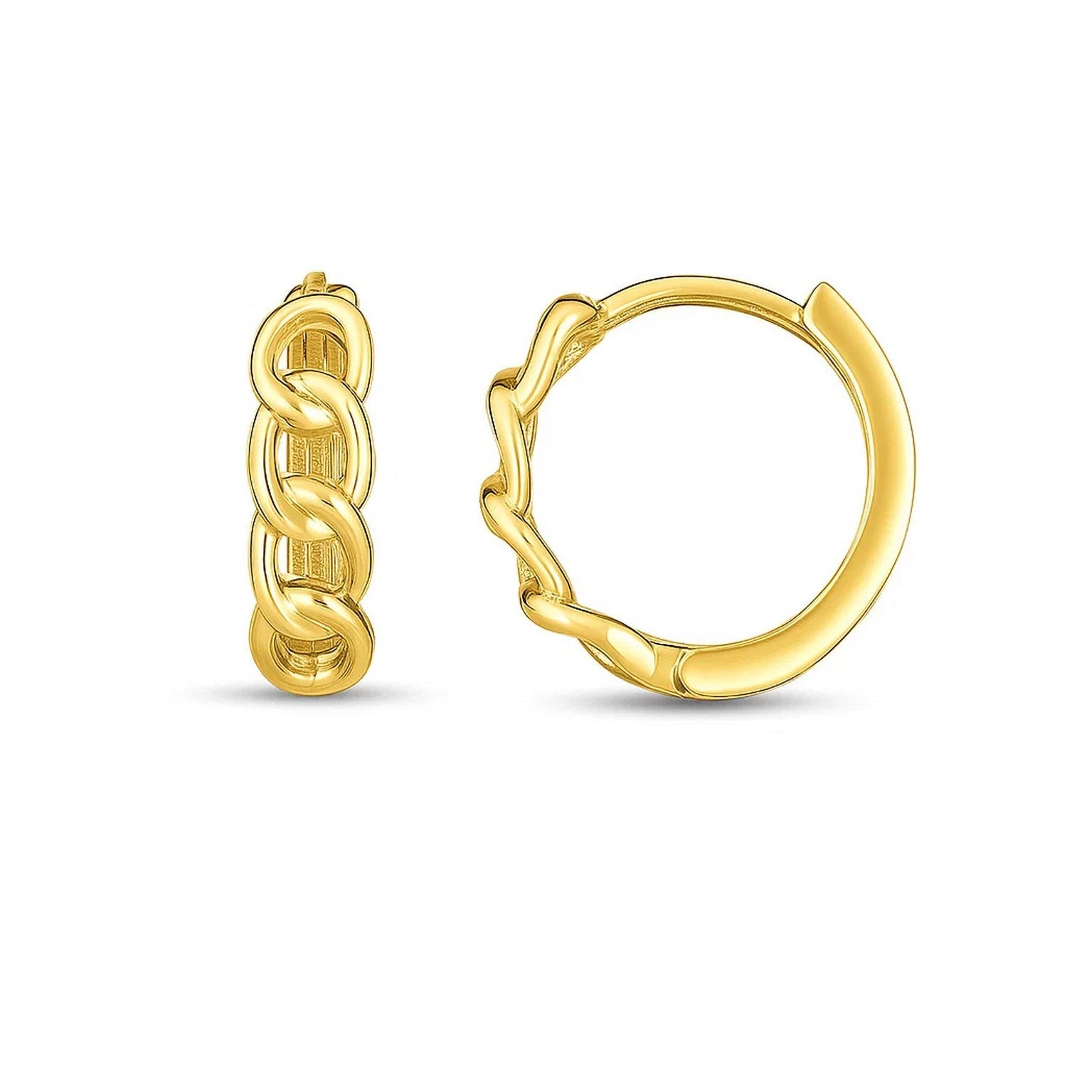 14k Yellow Gold Curb Huggie Hoop in a sleek high-contrast midnight luxury editorial style