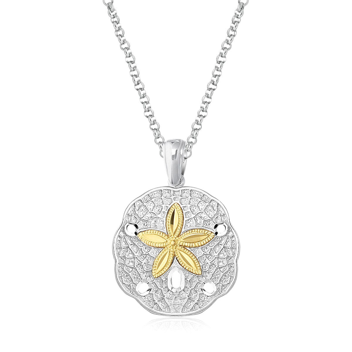 Designer Sterling Silver and 14k Yellow Gold Sand Dollar Pendant in a sleek high-contrast midnight luxury editorial style