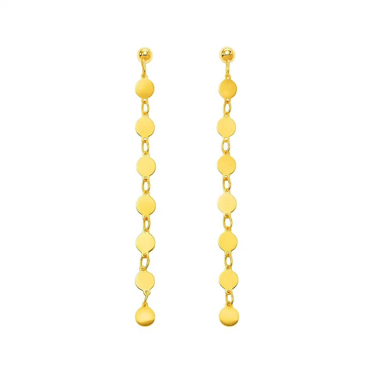 14k Yellow Gold Post Dangle Earrings with Polished Circles in a sleek high-contrast midnight luxury editorial style