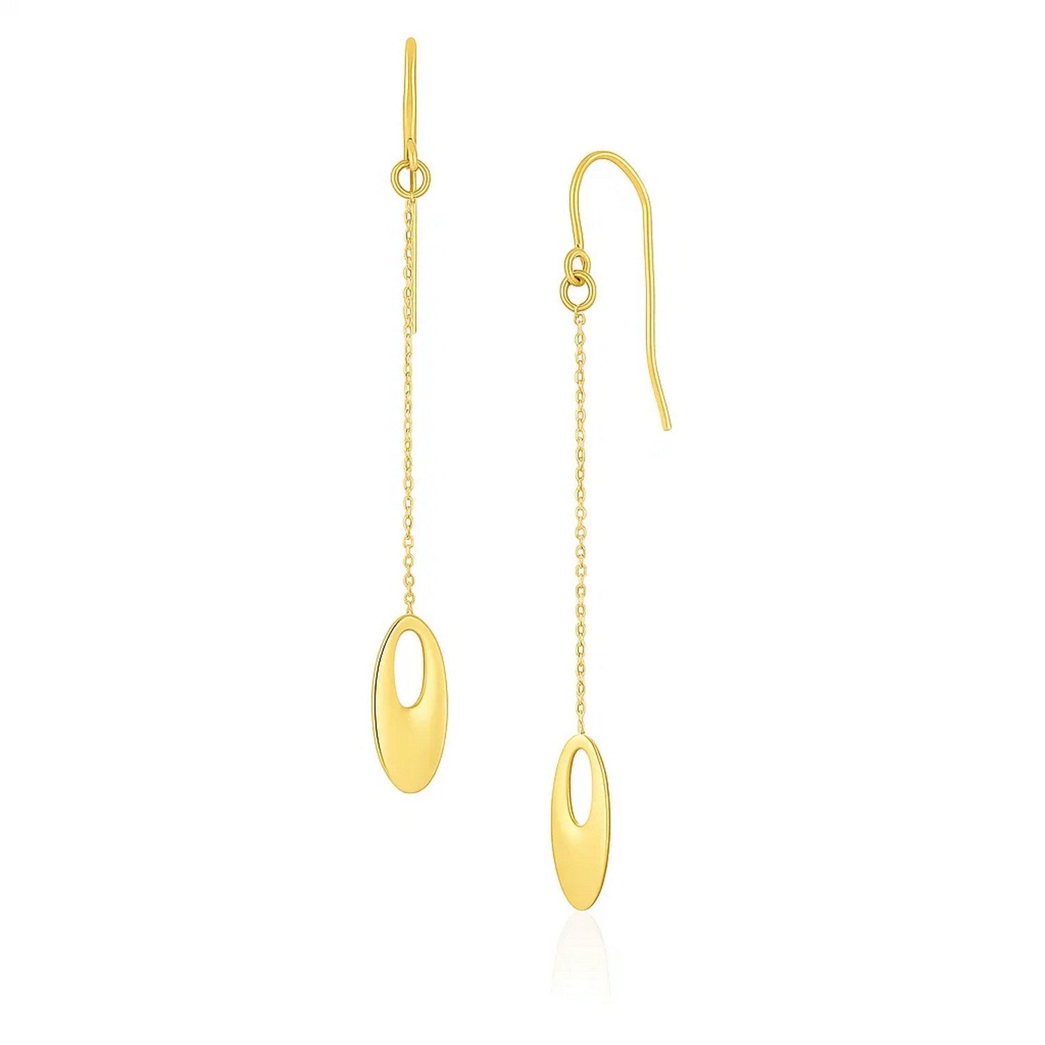 14k Yellow Gold Cutout Oval Chain Dangling Earrings in a sleek high-contrast midnight luxury editorial style