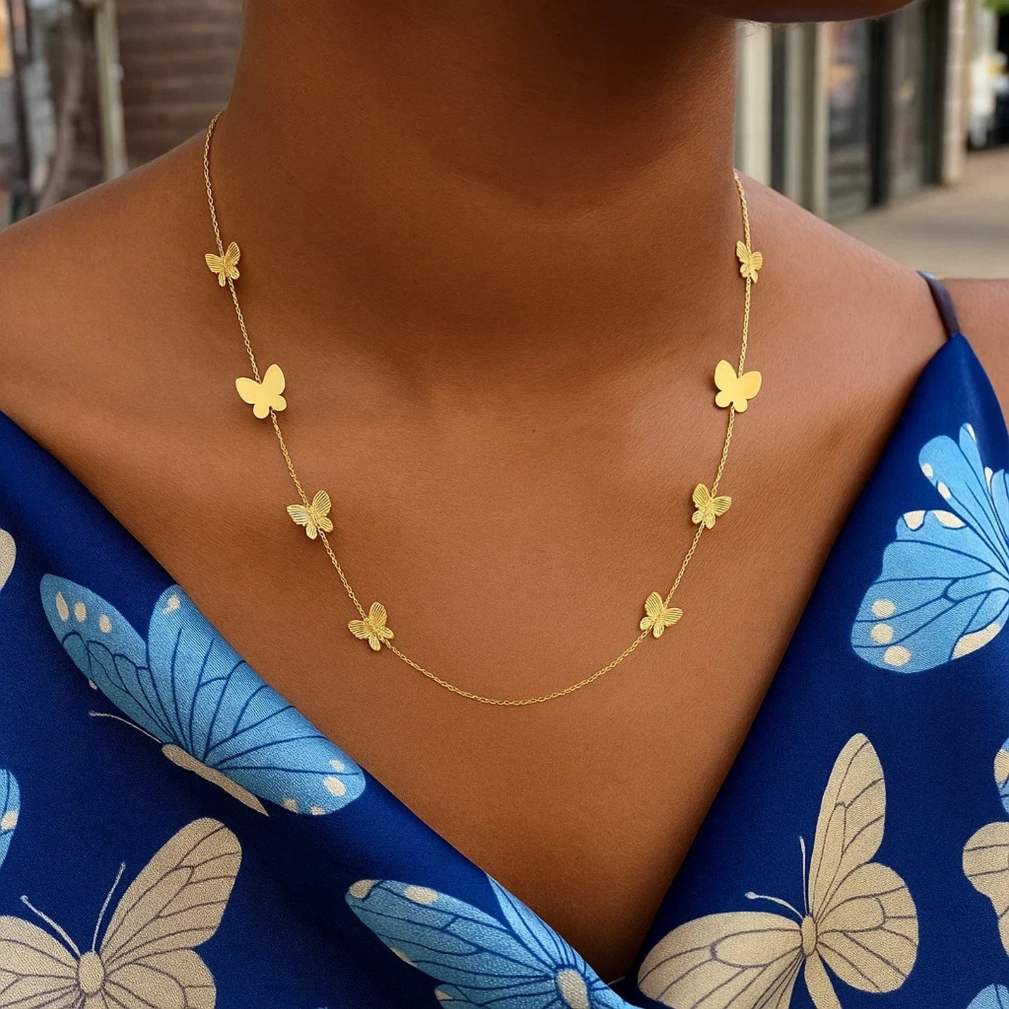 14k Yellow Gold Papillon Graduated Butterfly Necklace