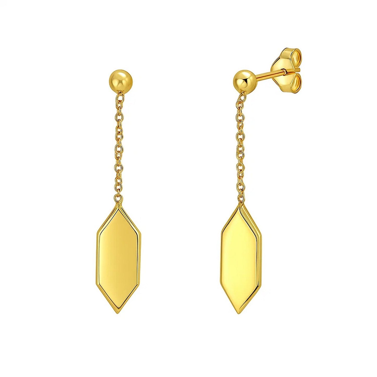 Hexagon Drop Earrings in 14K Yellow Gold in a sleek high-contrast midnight luxury editorial style