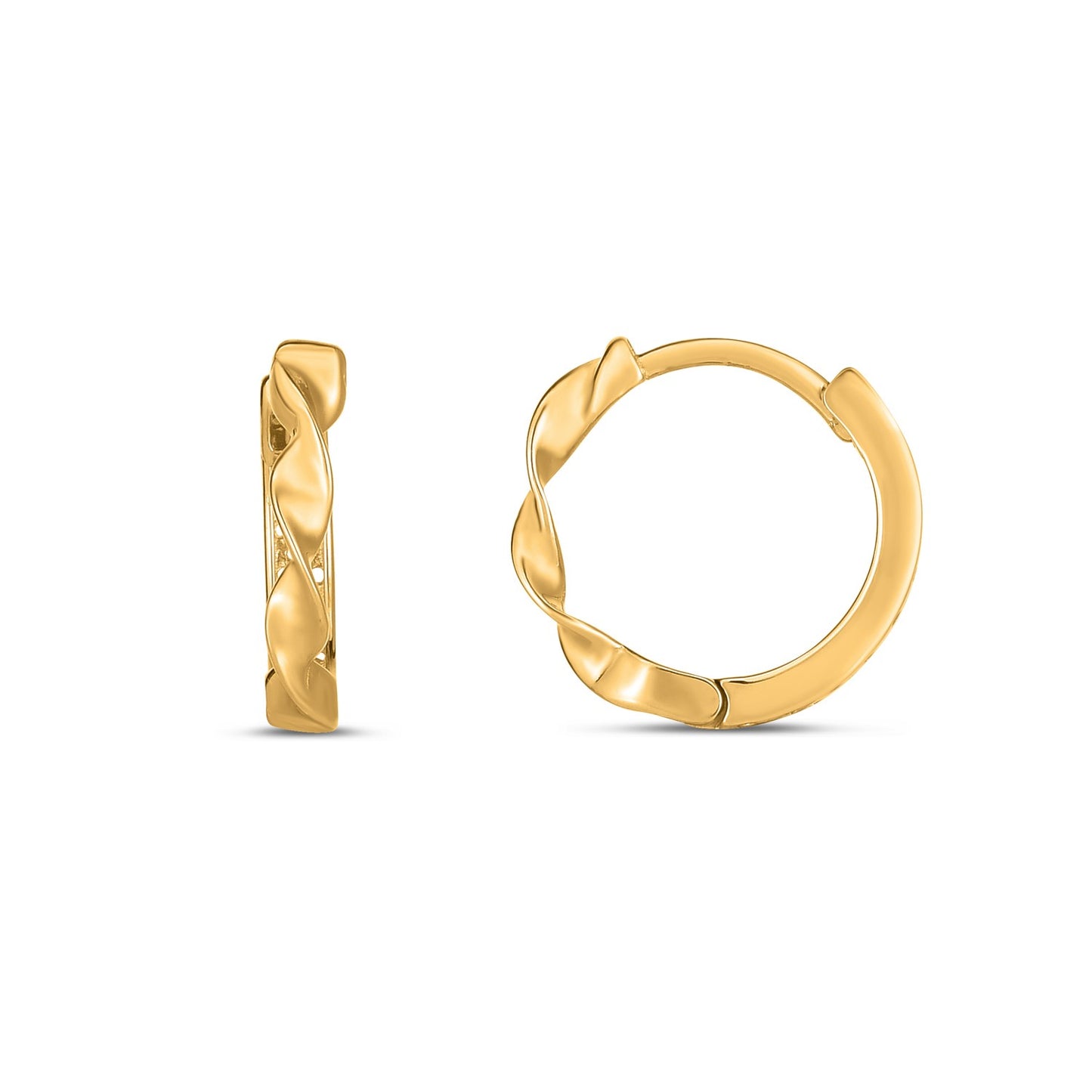 14k Yellow Gold Twist Huggie Hoops in a sleek high-contrast midnight luxury editorial style