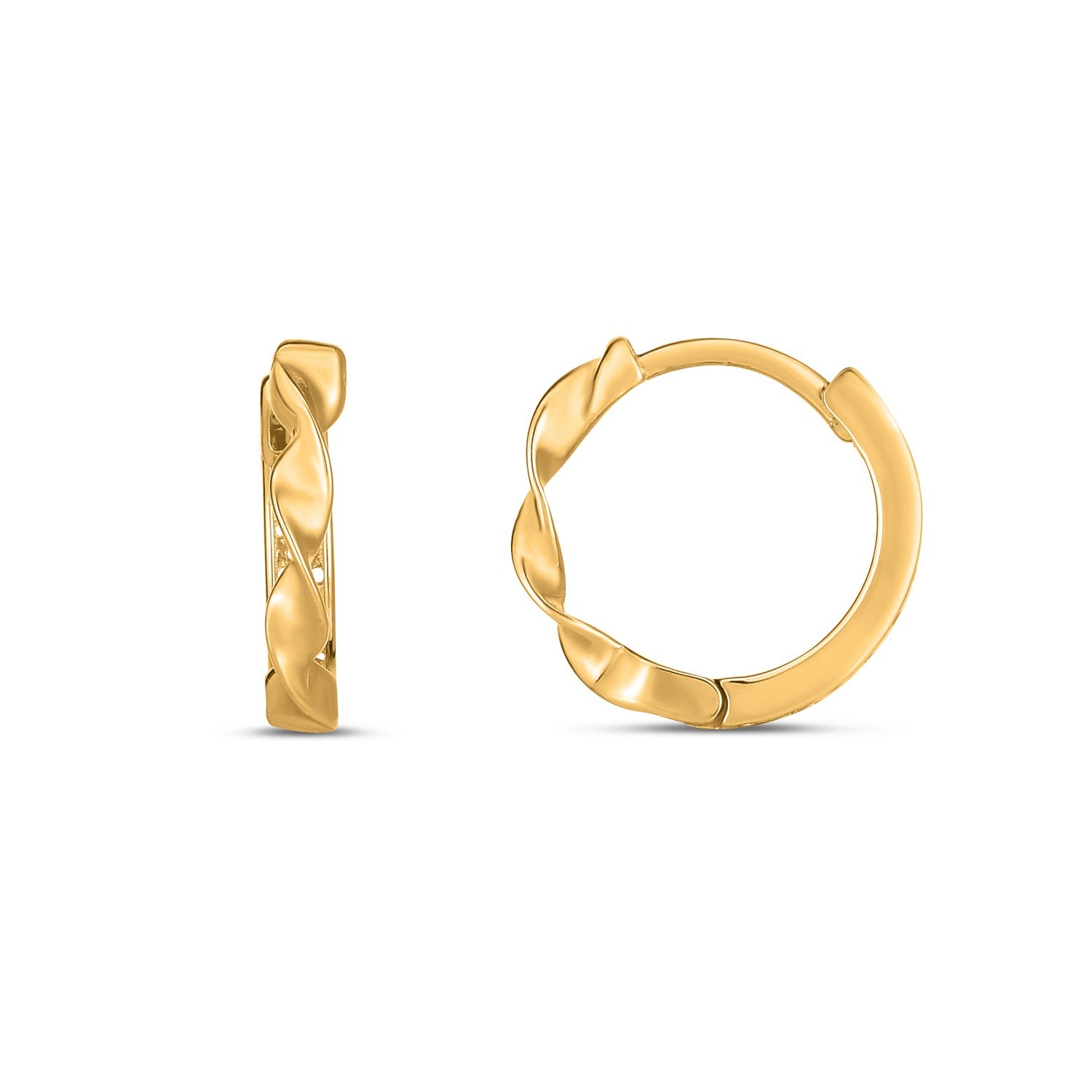 14k Yellow Gold Twist Huggie Hoops in a sleek high-contrast midnight luxury editorial style
