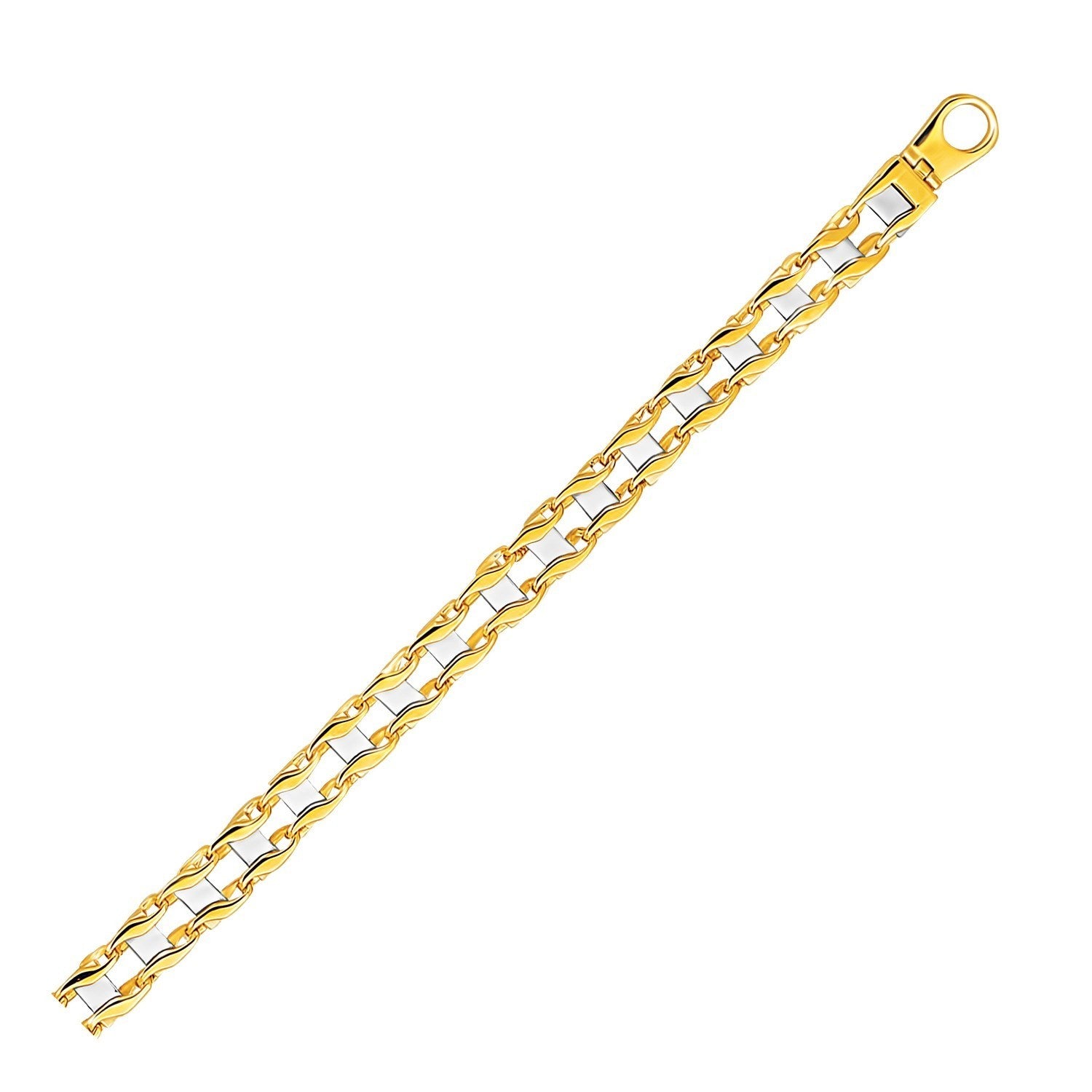 14k Two-Tone Gold Mens Bracelet with S Style Bar Links (7.85 mm) in a sleek high-contrast midnight luxury editorial style