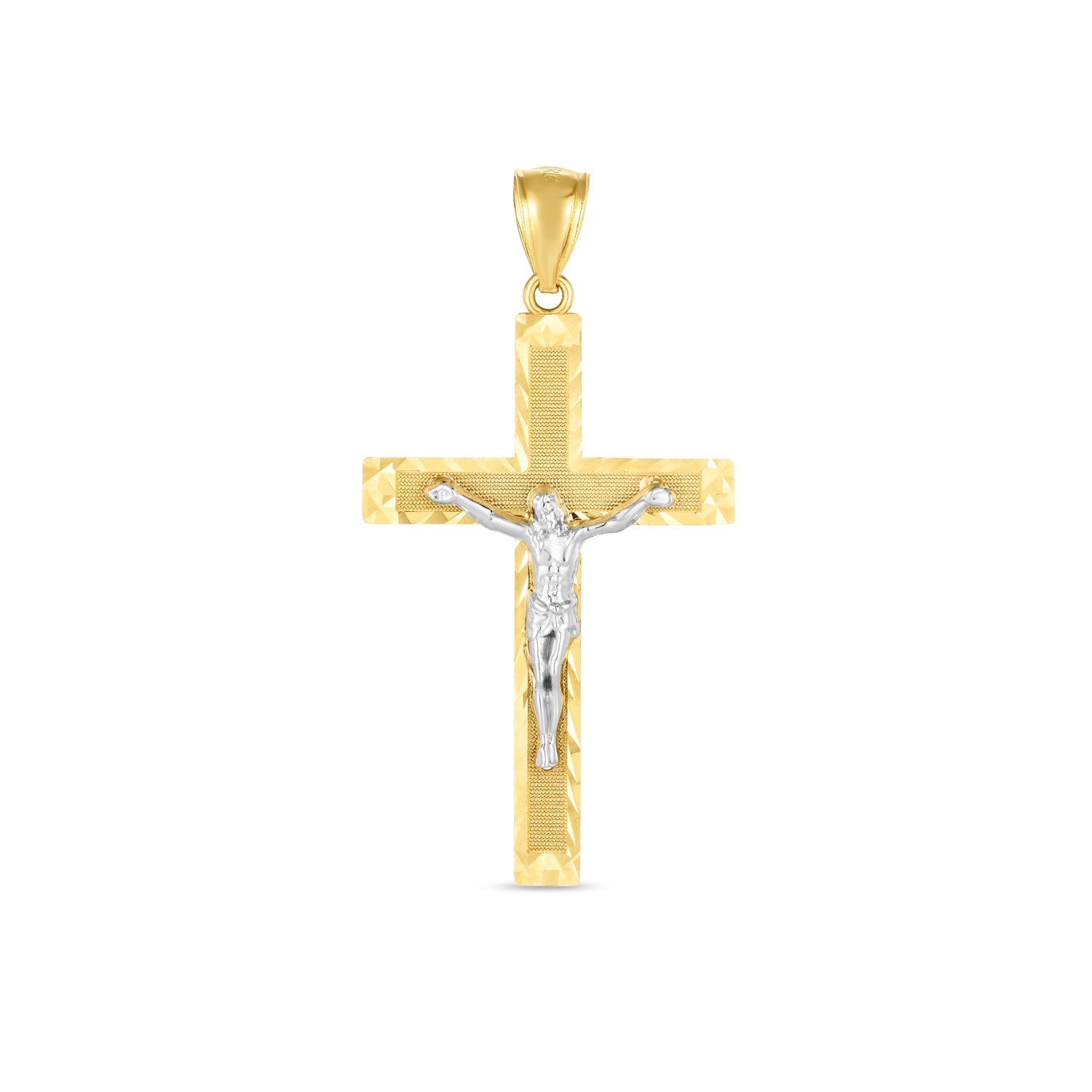 14k Two Tone Gold High Polish Diamond Cut Cross Pendant in a sleek high-contrast midnight luxury editorial style