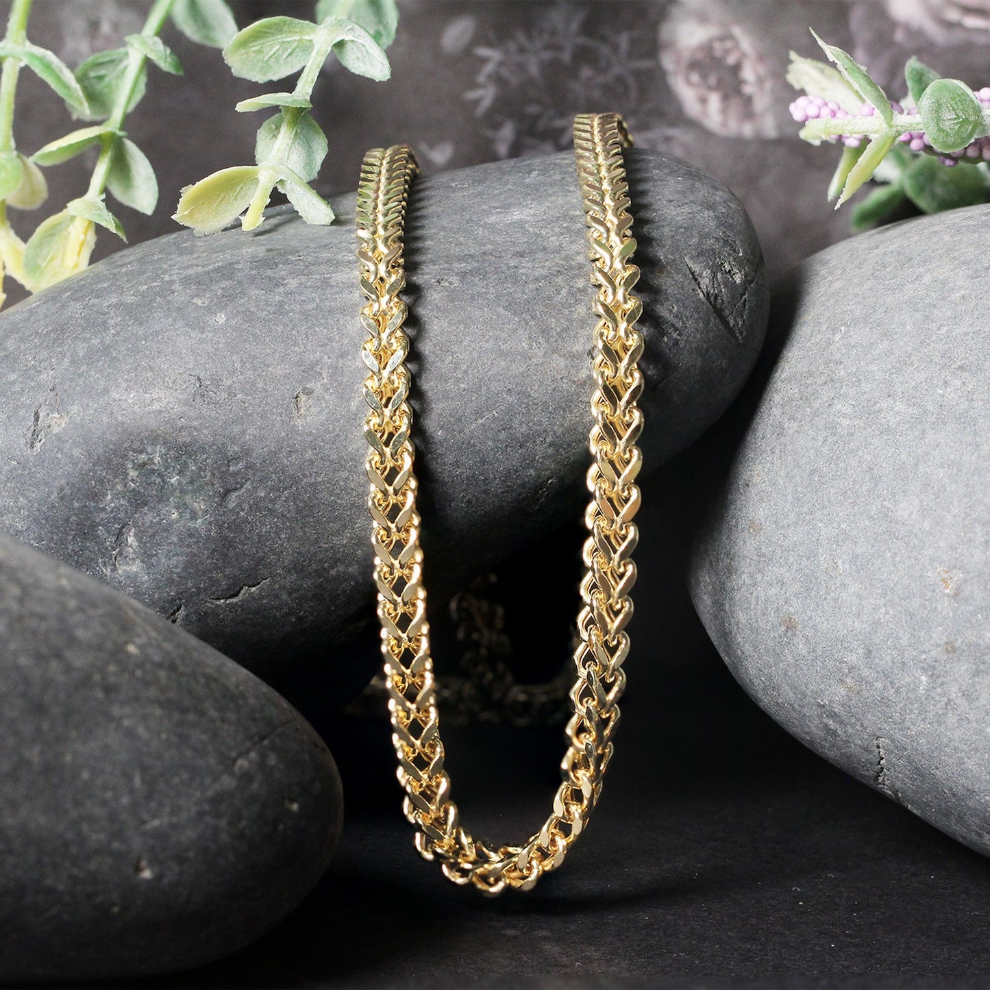 14k Yellow Gold Square Franco Chain (4.40 mm) in a sleek high-contrast midnight luxury editorial style