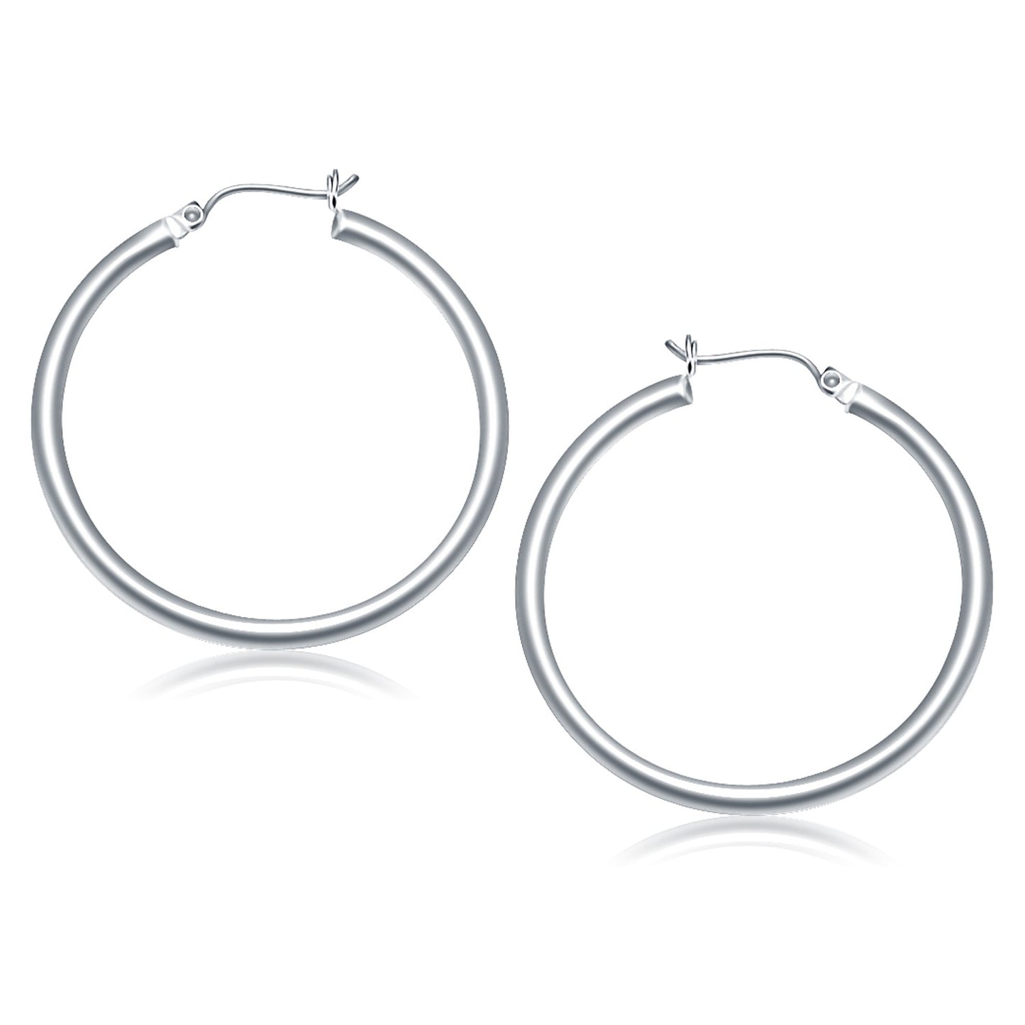 14k White Gold Polished Hoop Earrings (3x40mm) in a sleek high-contrast midnight luxury editorial style