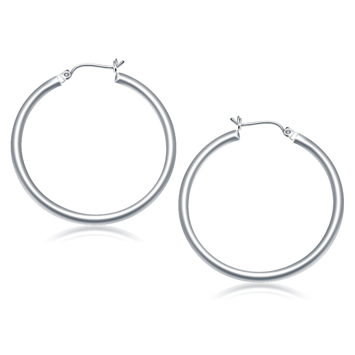 14k White Gold Polished Hoop Earrings (3x40mm) in a sleek high-contrast midnight luxury editorial style