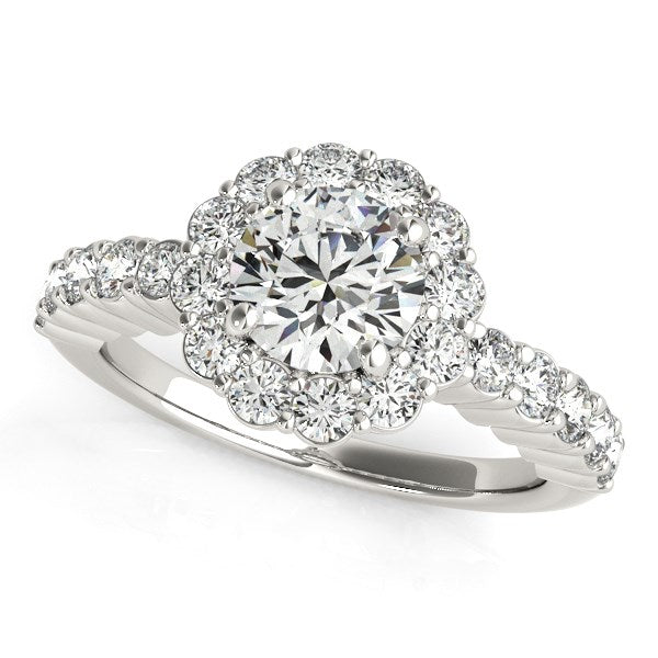 14k White Gold Round Floral Motif Diamond Engagement Ring (1 5/8 cttw) in a sleek high-contrast midnight luxury editorial sty