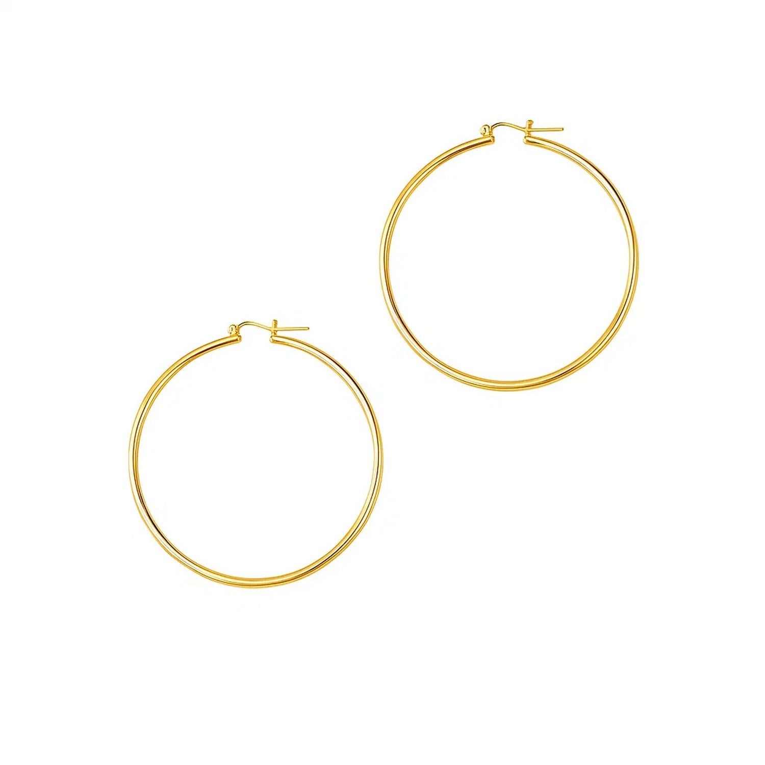 14k Yellow Gold Polished Hoop Earrings (1.5x45mm) in a sleek high-contrast midnight luxury editorial style