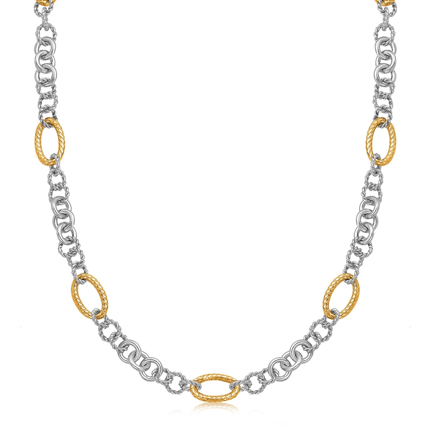 18k Yellow Gold and Sterling Silver Rhodium Plated Multi Style Chain Necklace in a sleek high-contrast midnight luxury editor