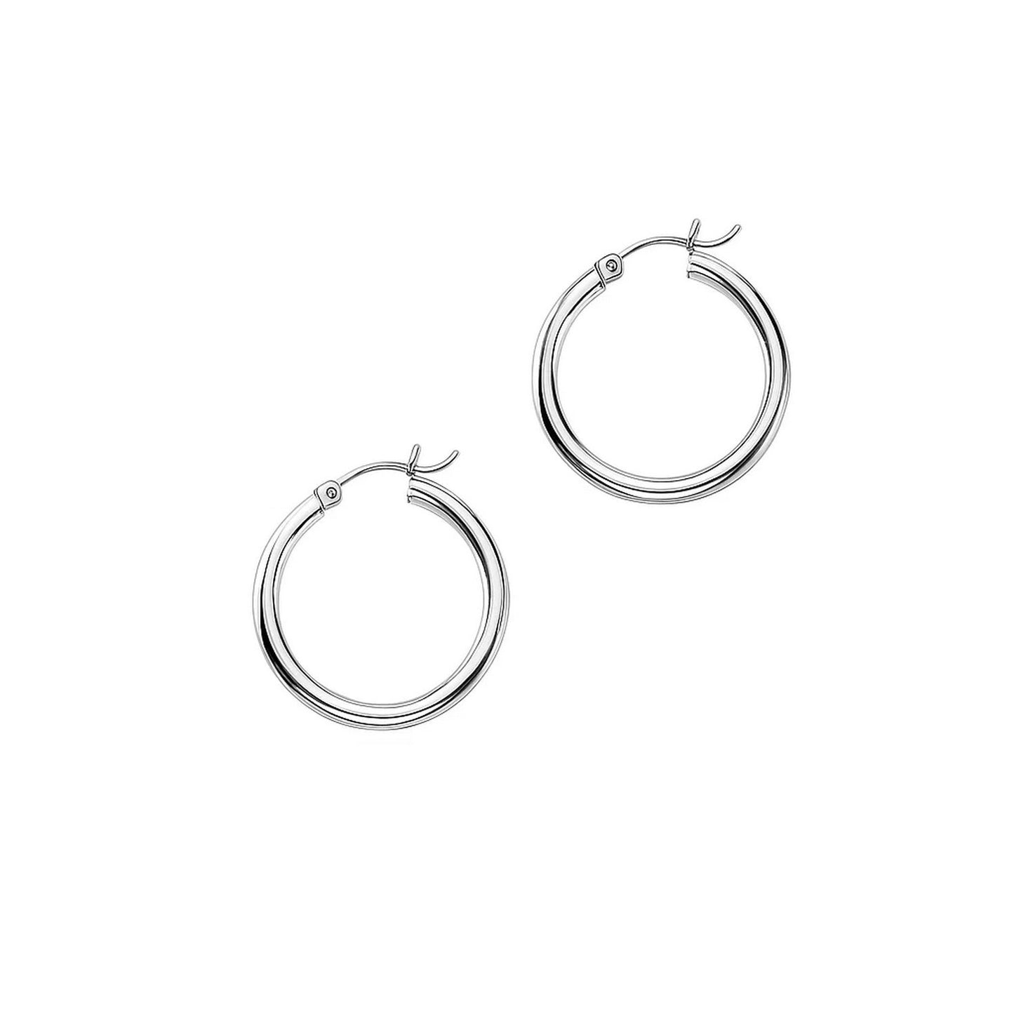 14k White Gold Polished Hoop Earrings (3x20mm) in a sleek high-contrast midnight luxury editorial style