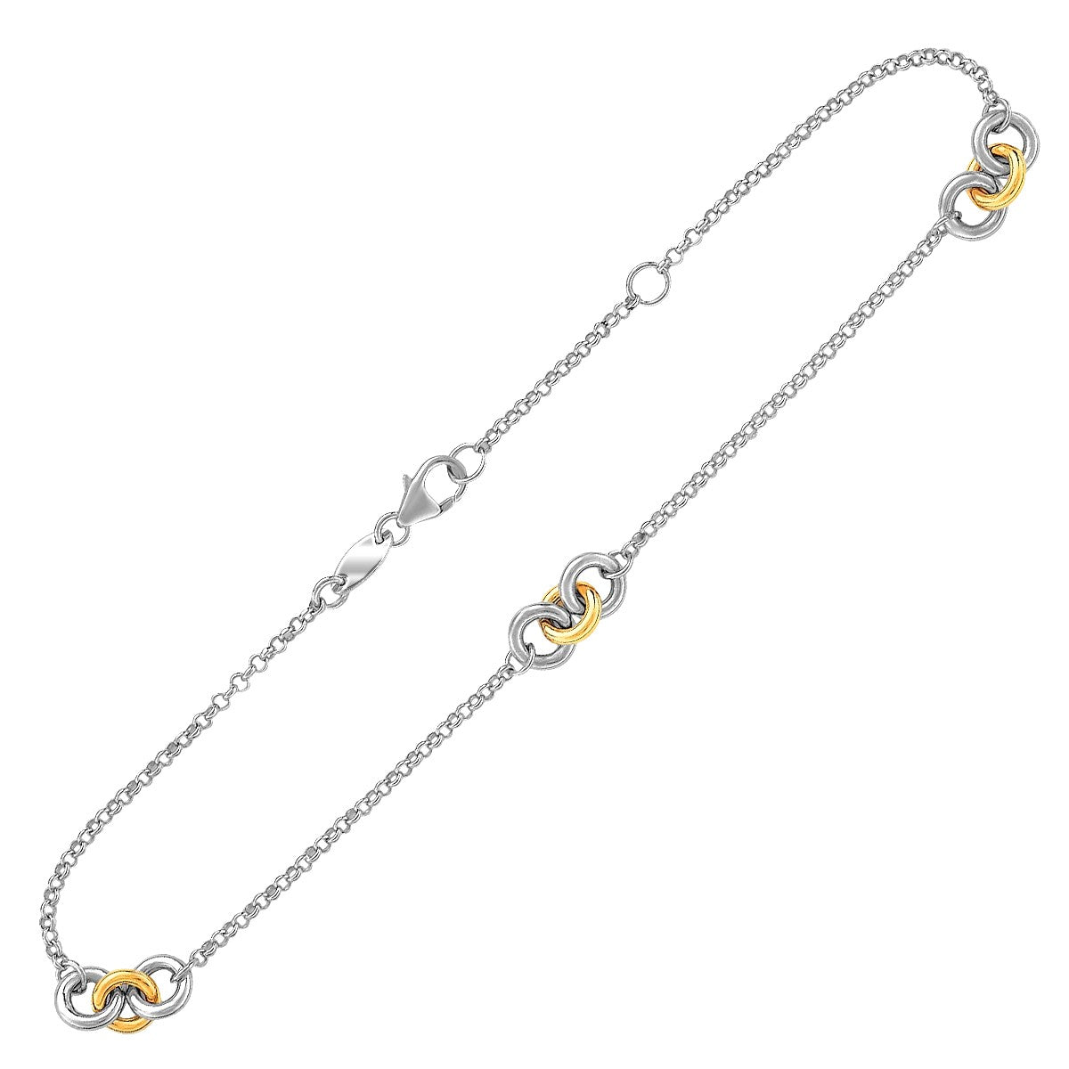 14k Yellow Gold and Sterling Silver Triple Ring Stationed Anklet in a sleek high-contrast midnight luxury editorial style