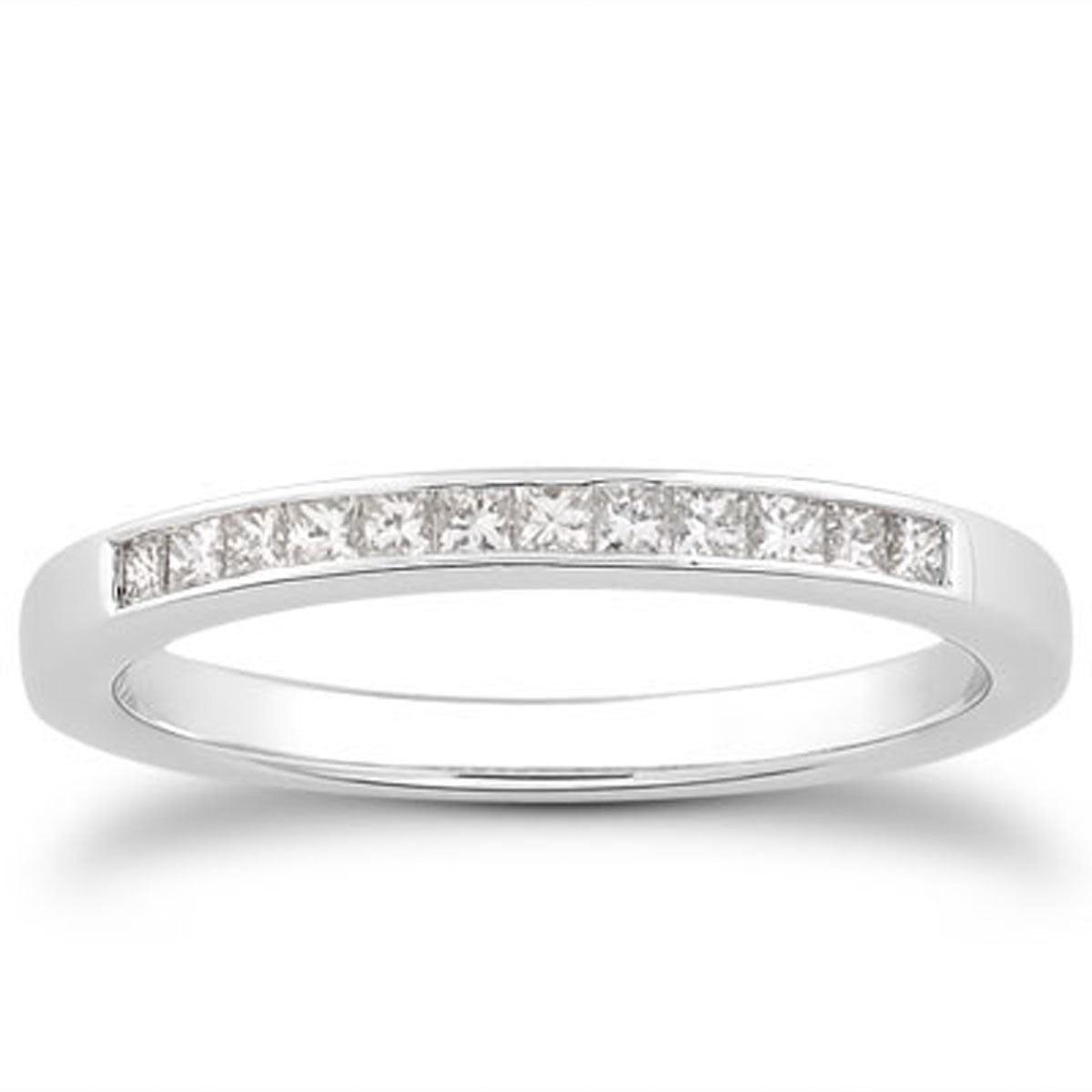 14k White Gold Channel Set Princess Diamond Wedding Ring Band in a sleek high-contrast midnight luxury editorial style