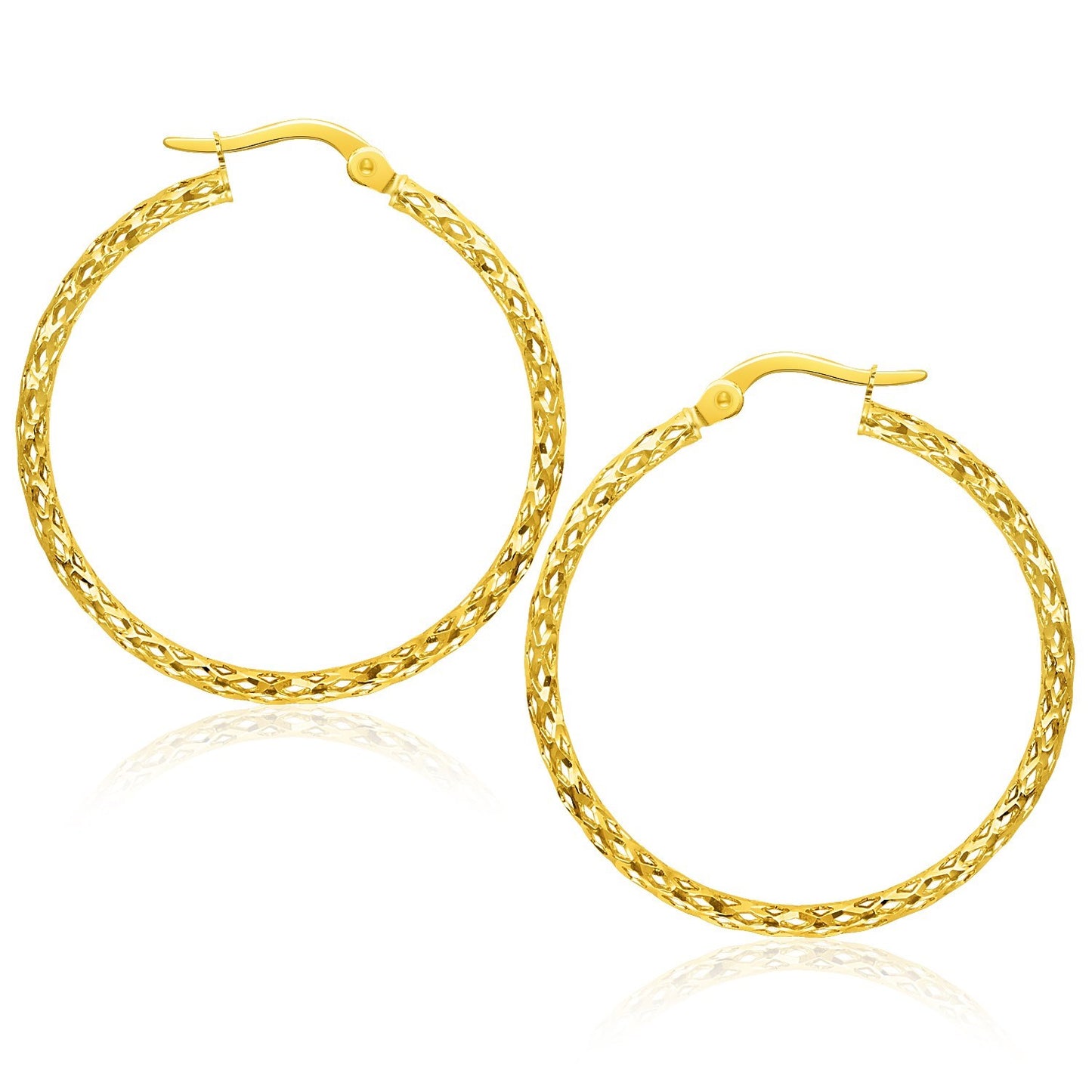 Large Textured Hoop Earrings in 10k Yellow Gold in a sleek high-contrast midnight luxury editorial style