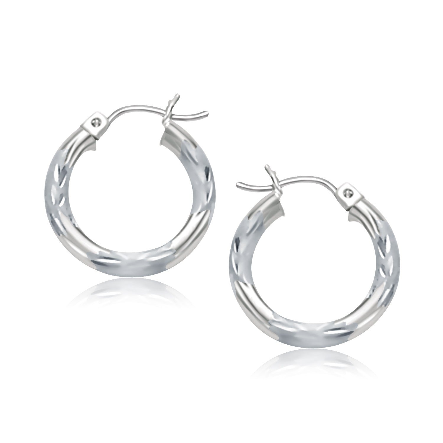 14k White Gold Hoop Earrings with Diamond Cuts (3x15mm) in a sleek high-contrast midnight luxury editorial style