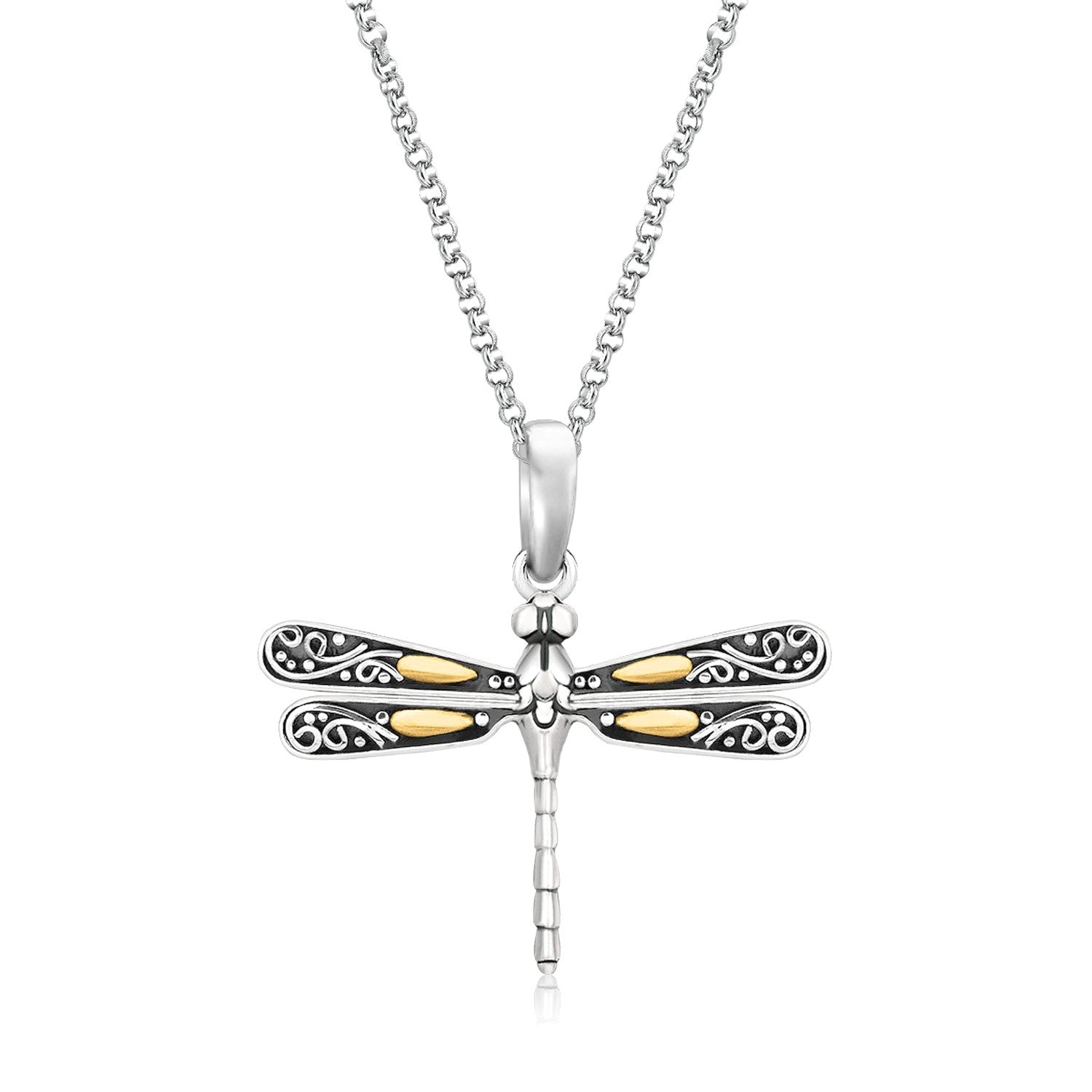 18k Yellow Gold and Sterling Silver Pendant in a Dragonfly Design in a sleek high-contrast midnight luxury editorial style