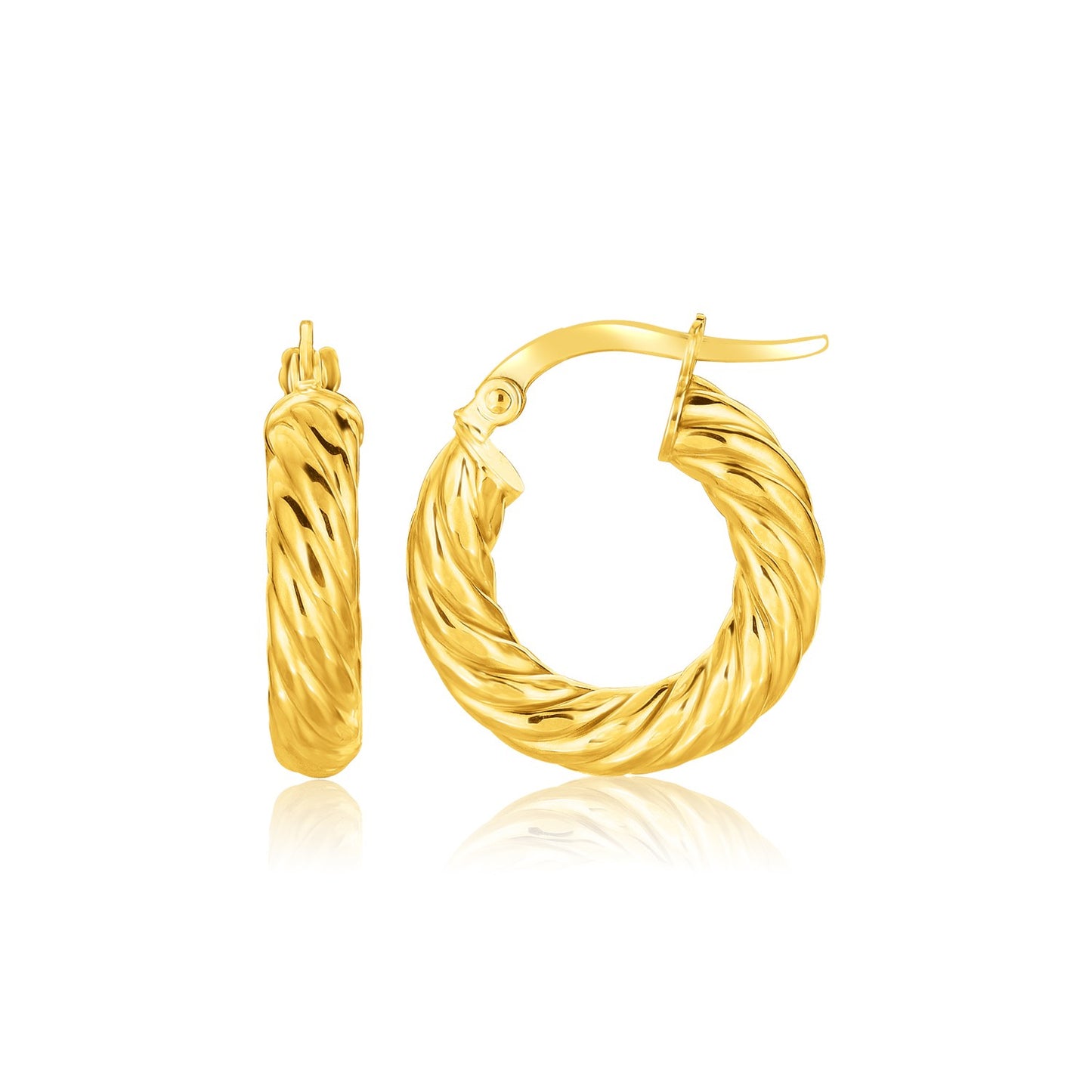 14k Yellow Gold Twisted Cable Small Hoop Earrings(4x17.6mm) in a sleek high-contrast midnight luxury editorial style