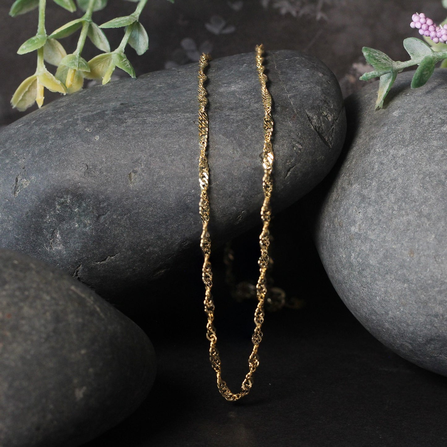 14k Yellow Gold Singapore Chain (2.10 mm) in a sleek high-contrast midnight luxury editorial style