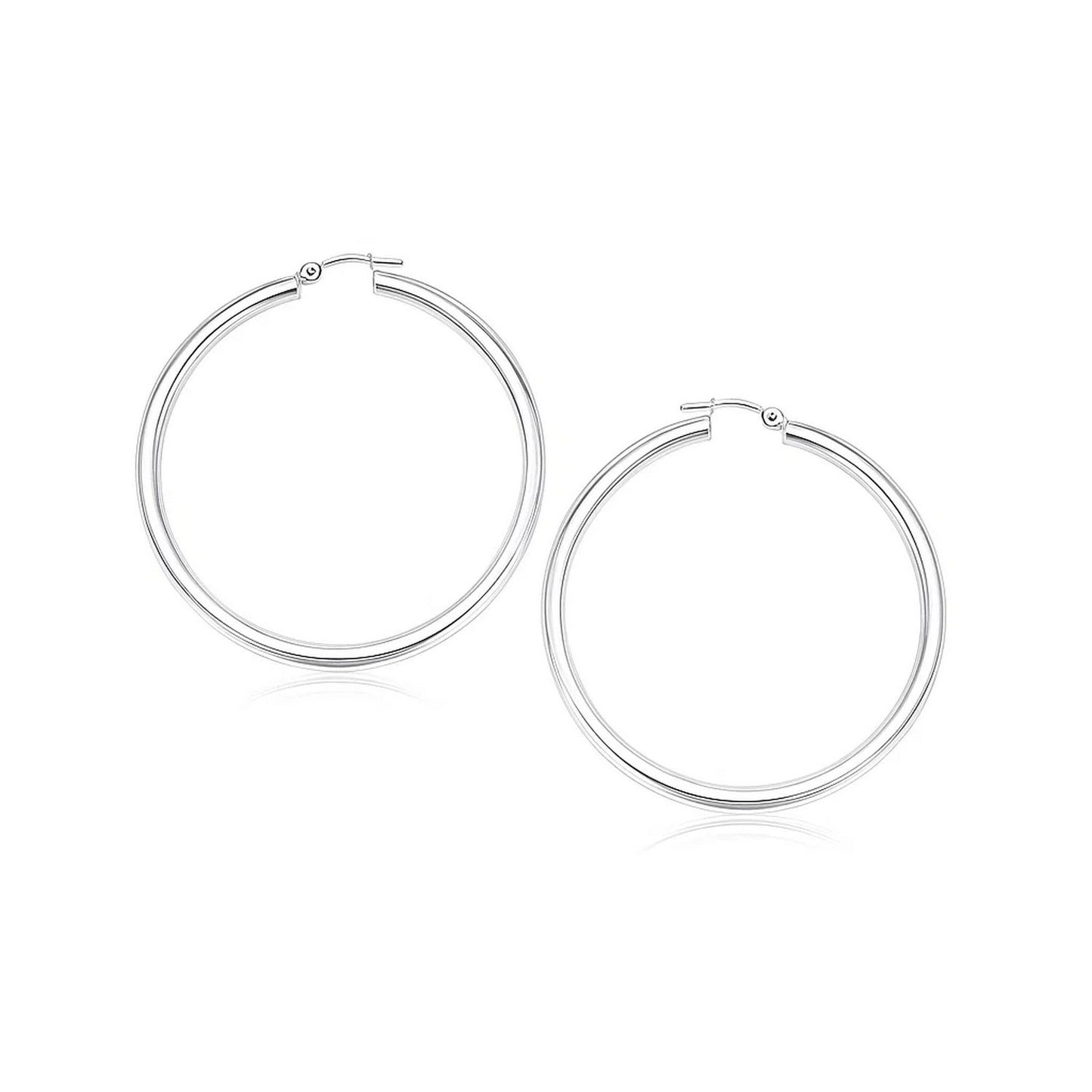 14k White Gold Polished Hoop Earrings (3x25mm) in a sleek high-contrast midnight luxury editorial style