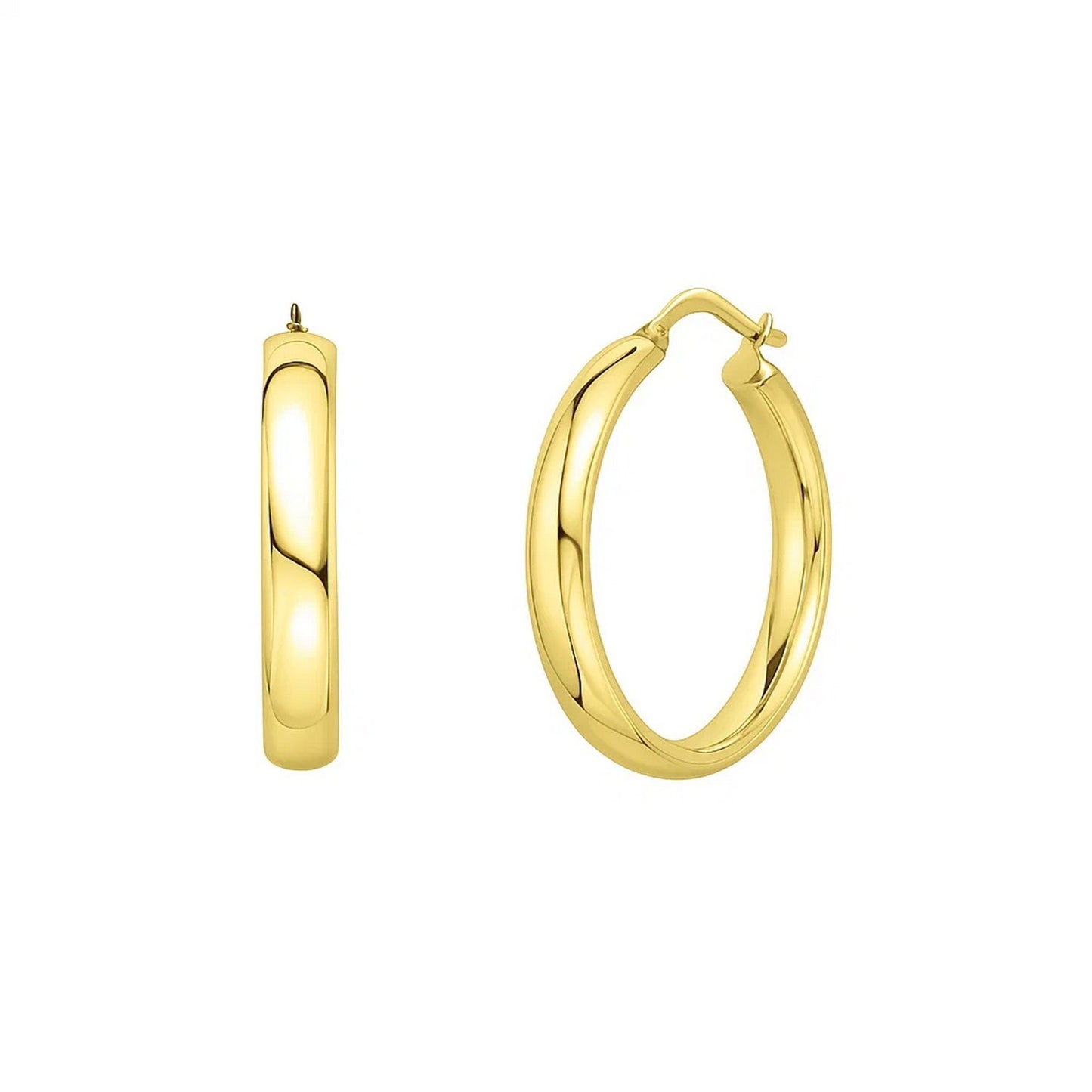 Small Wedding Hoops in 14K Yellow Gold in a sleek high-contrast midnight luxury editorial style