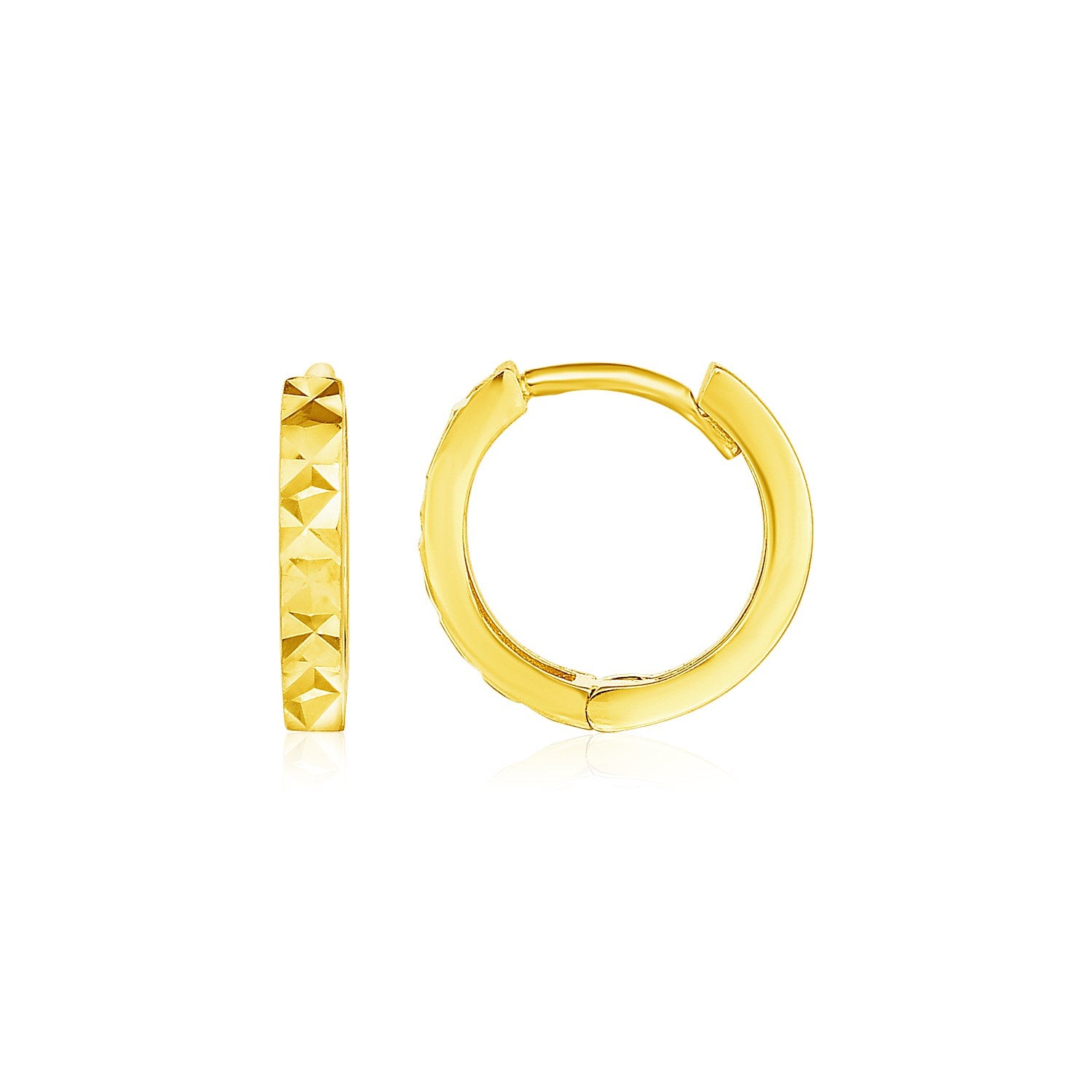 14k Yellow Gold Petite Round Hoop Earrings with Geometric Texture in a sleek high-contrast midnight luxury editorial style