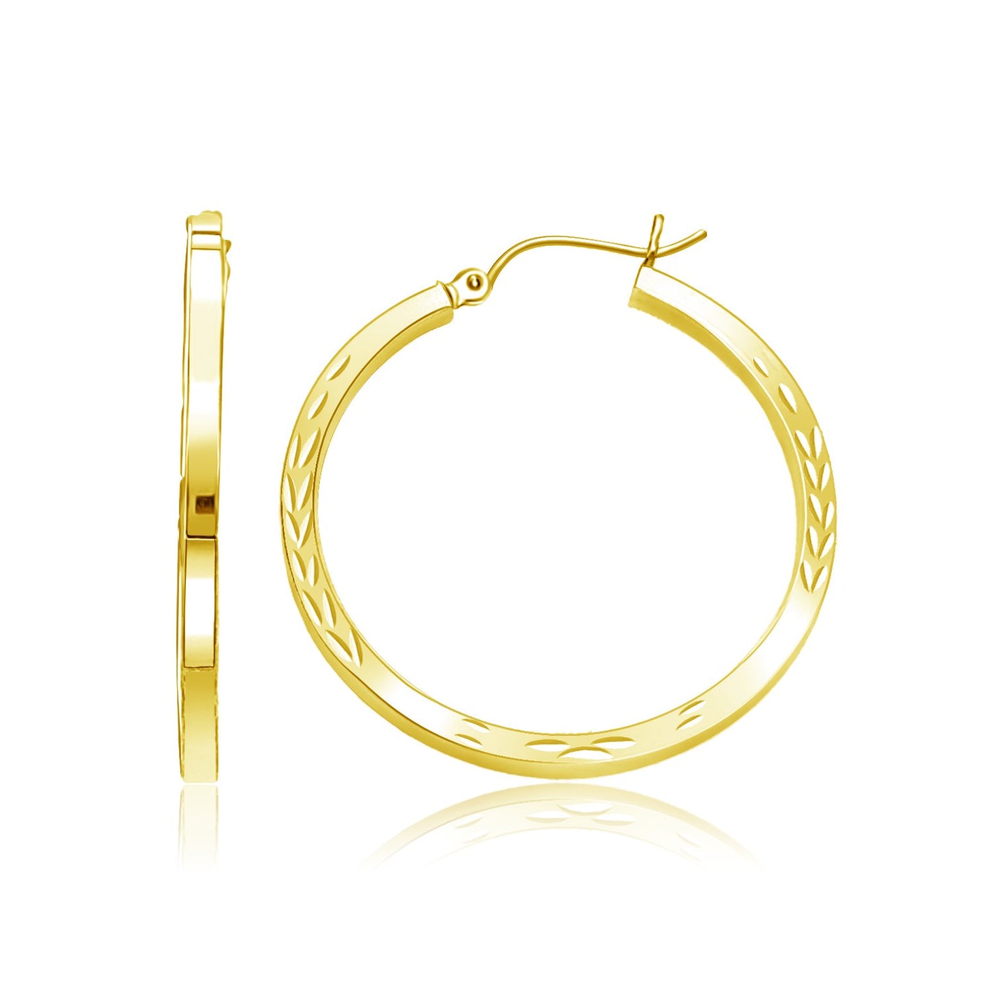 14k Yellow Gold Diamond Cut Hoop Earrings(2x35mm) in a sleek high-contrast midnight luxury editorial style