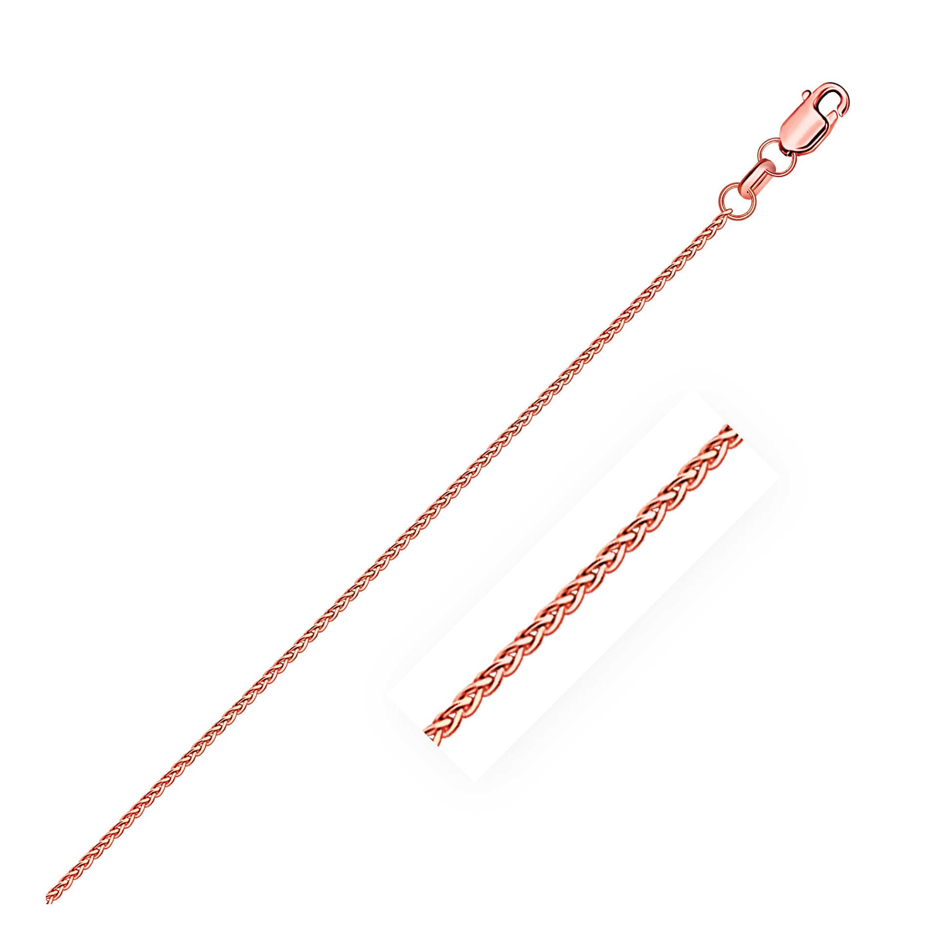 14k Rose Gold Diamond Cut Round Wheat Chain (1.20 mm) in a sleek high-contrast midnight luxury editorial style