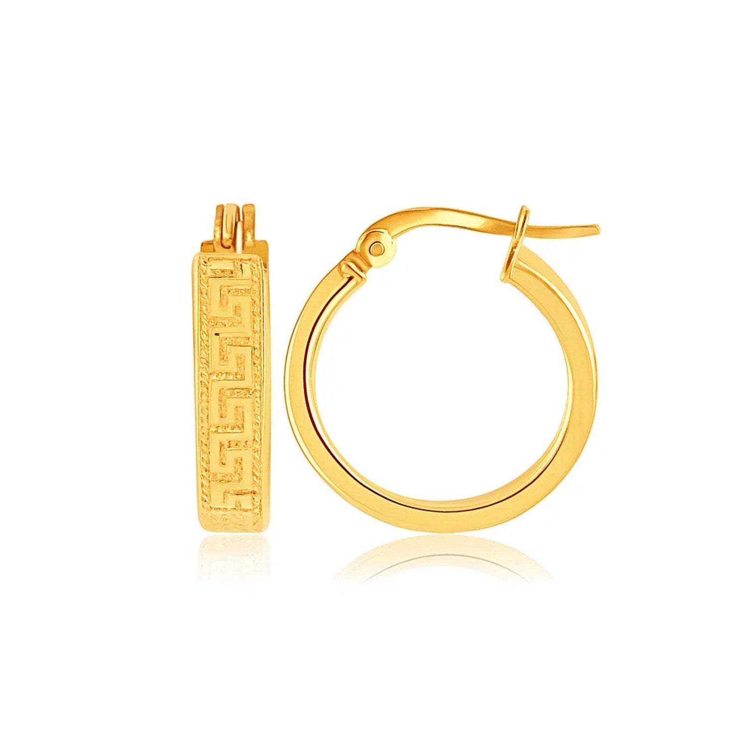 14k Yellow Gold Greek Key Small Hoop Earrings in a sleek high-contrast midnight luxury editorial style
